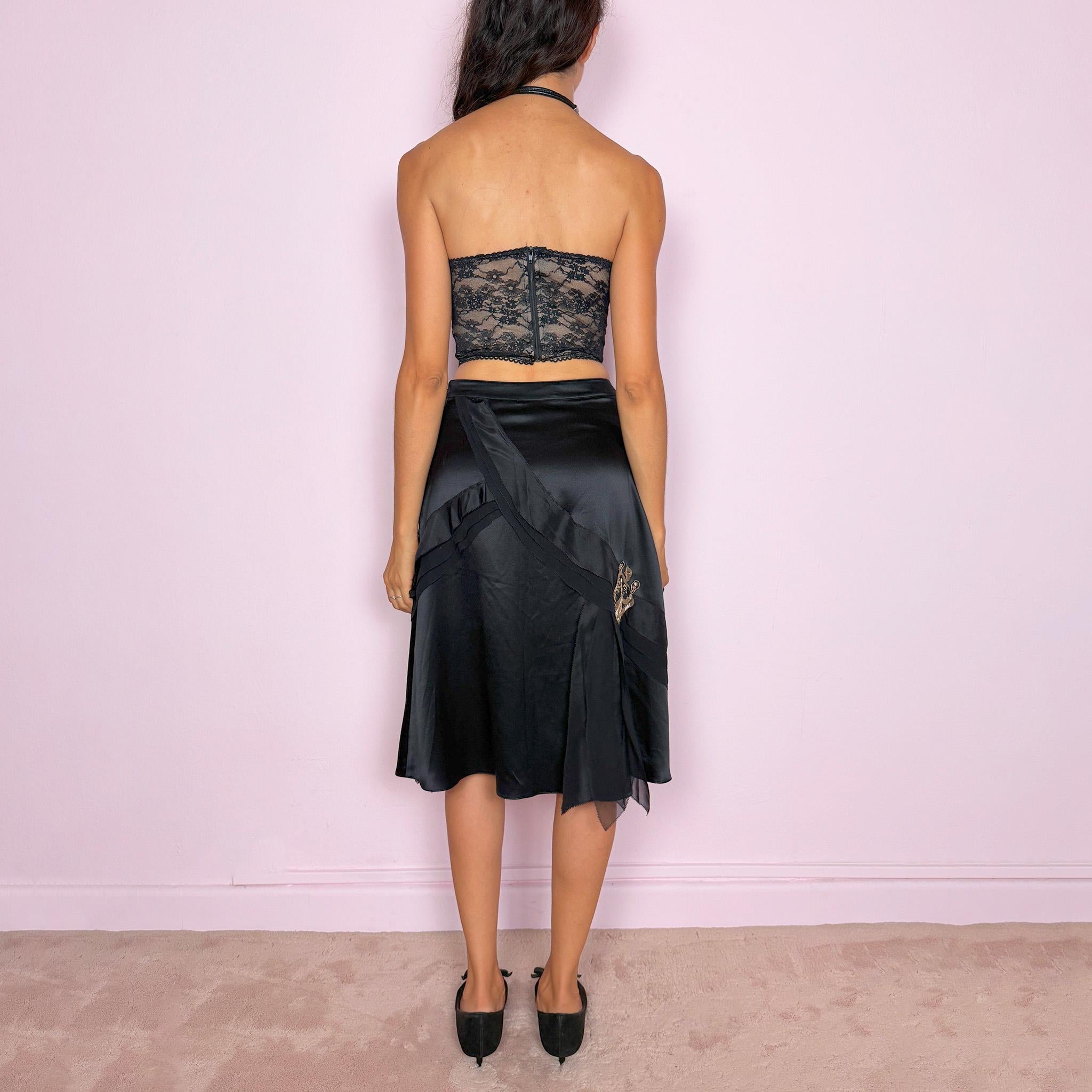 Vintage Black Midi Skirt Kenzo Silk Satin Designer Formal Y2K 2000s Size S