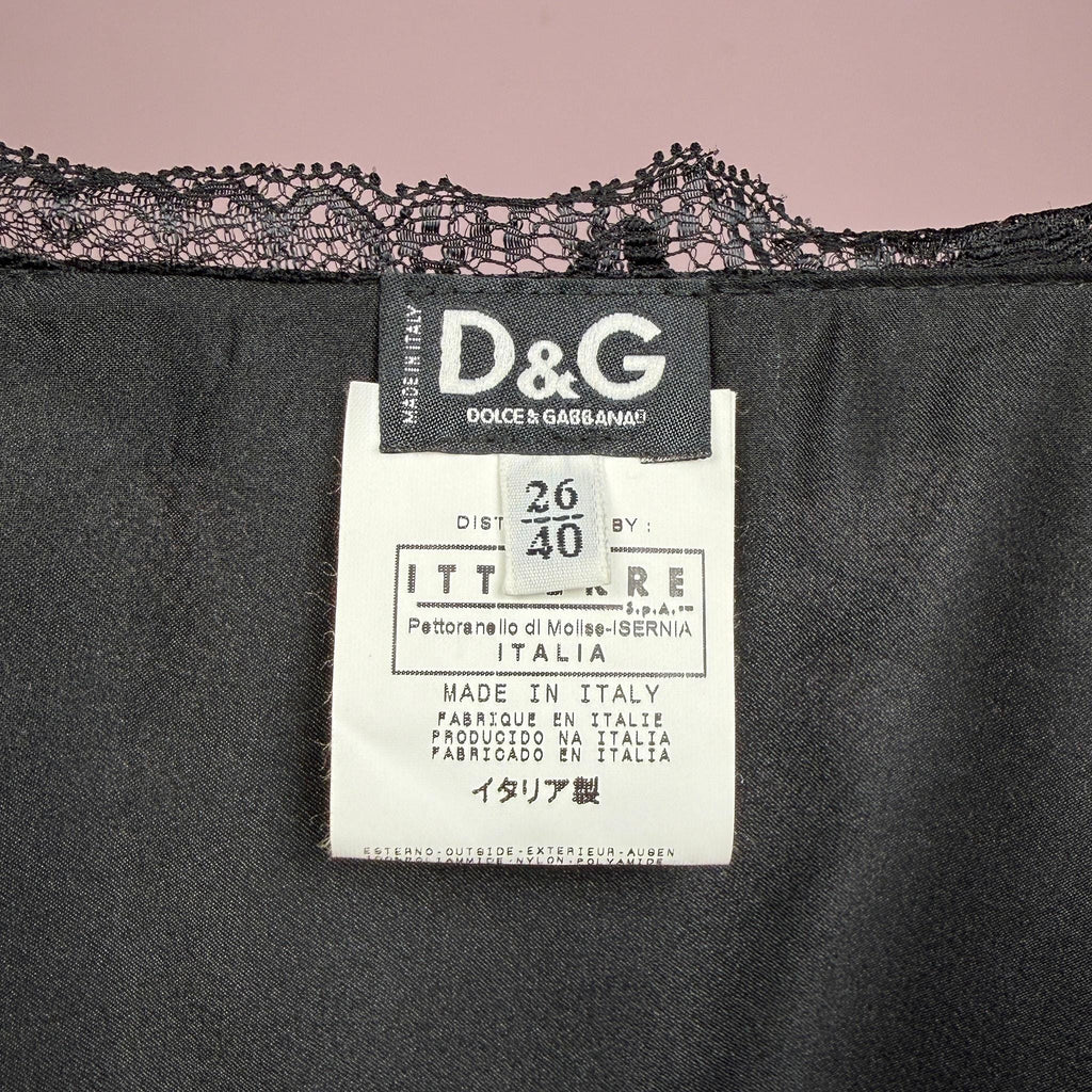 Vintage Black Mini Skirt Dolce Gabbana D&G Lace Ribbon Designer Y2K 2000s Size S