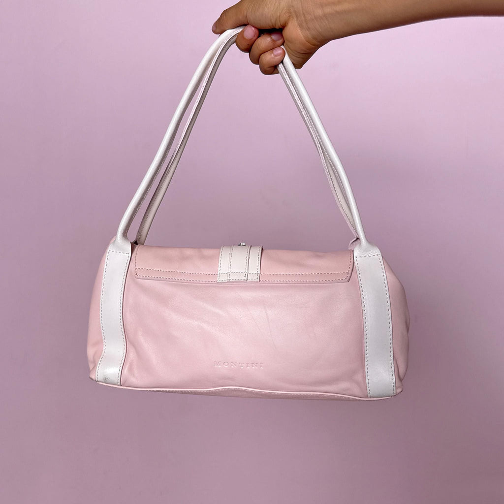 Vintage Pink Shoulder Bag Leather Jeweled Baguette Rhinestone Pastel Y2K 2000s