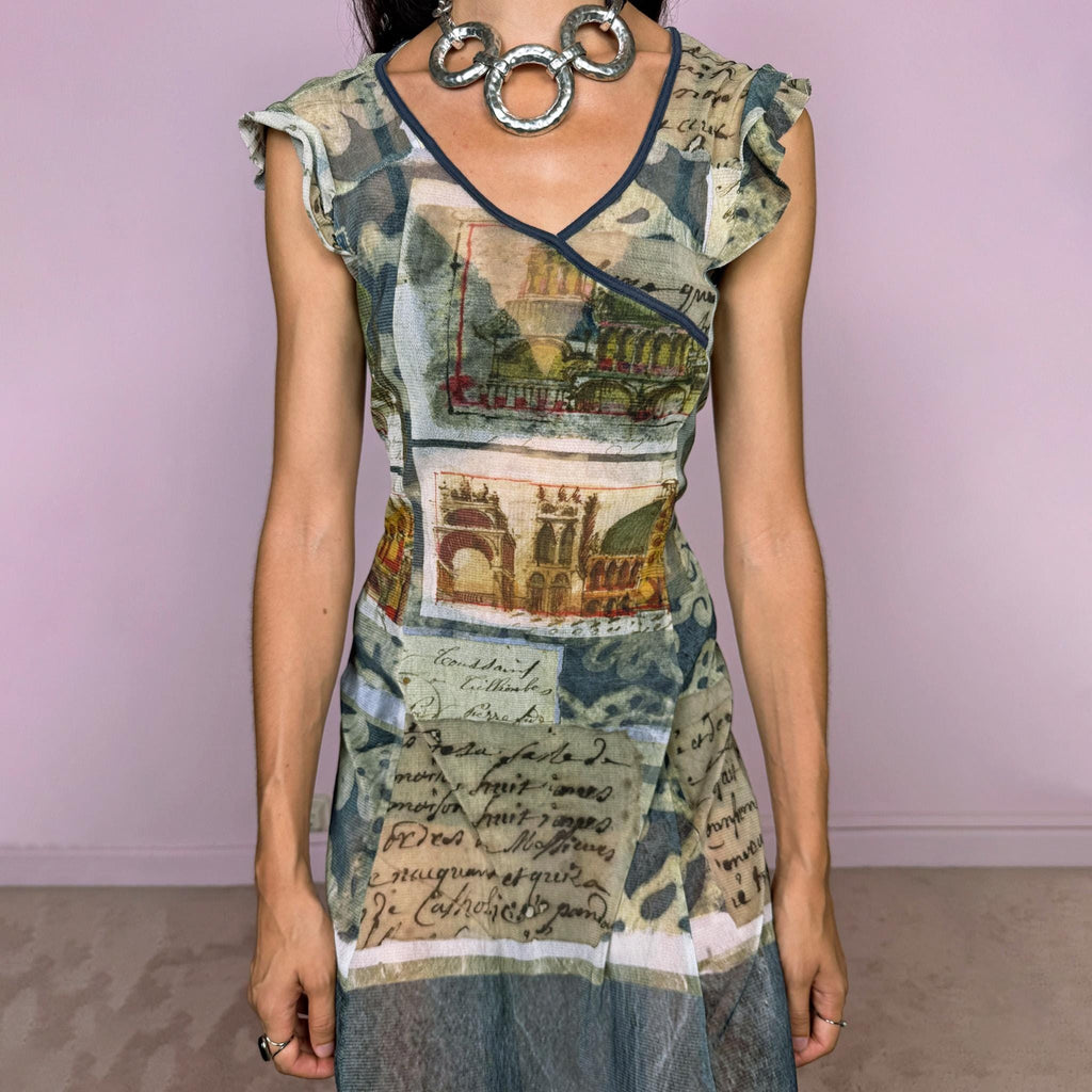 Vintage Mesh Midi Dress Graphic Art Postcard Print Sheer Maximalist Y2K 2000s Size S
