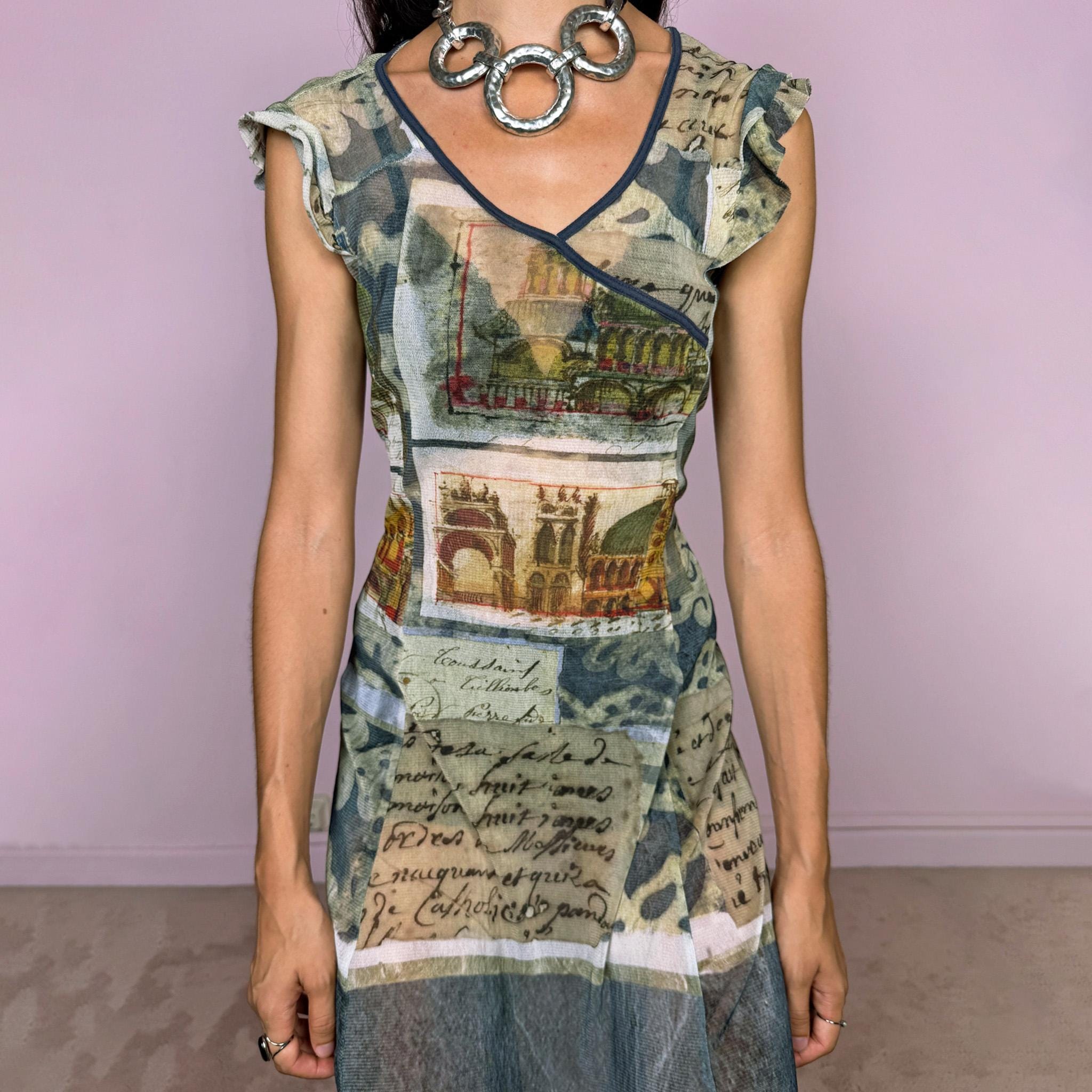 Vintage Mesh Midi Dress Graphic Art Postcard Print Sheer Maximalist Y2K 2000s Size S