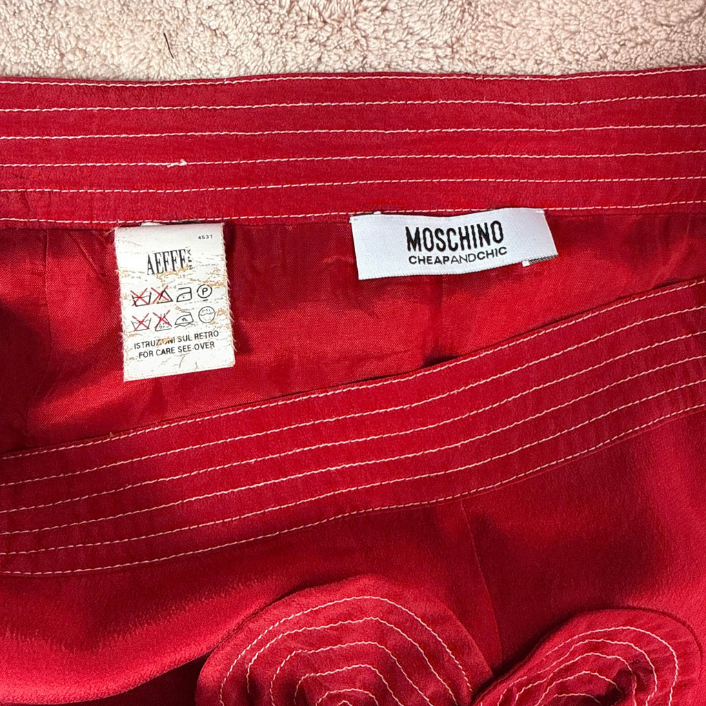 Vintage Red Midi Skirt Moschino Silk Flower Applique Designer Y2K 2000s Size S
