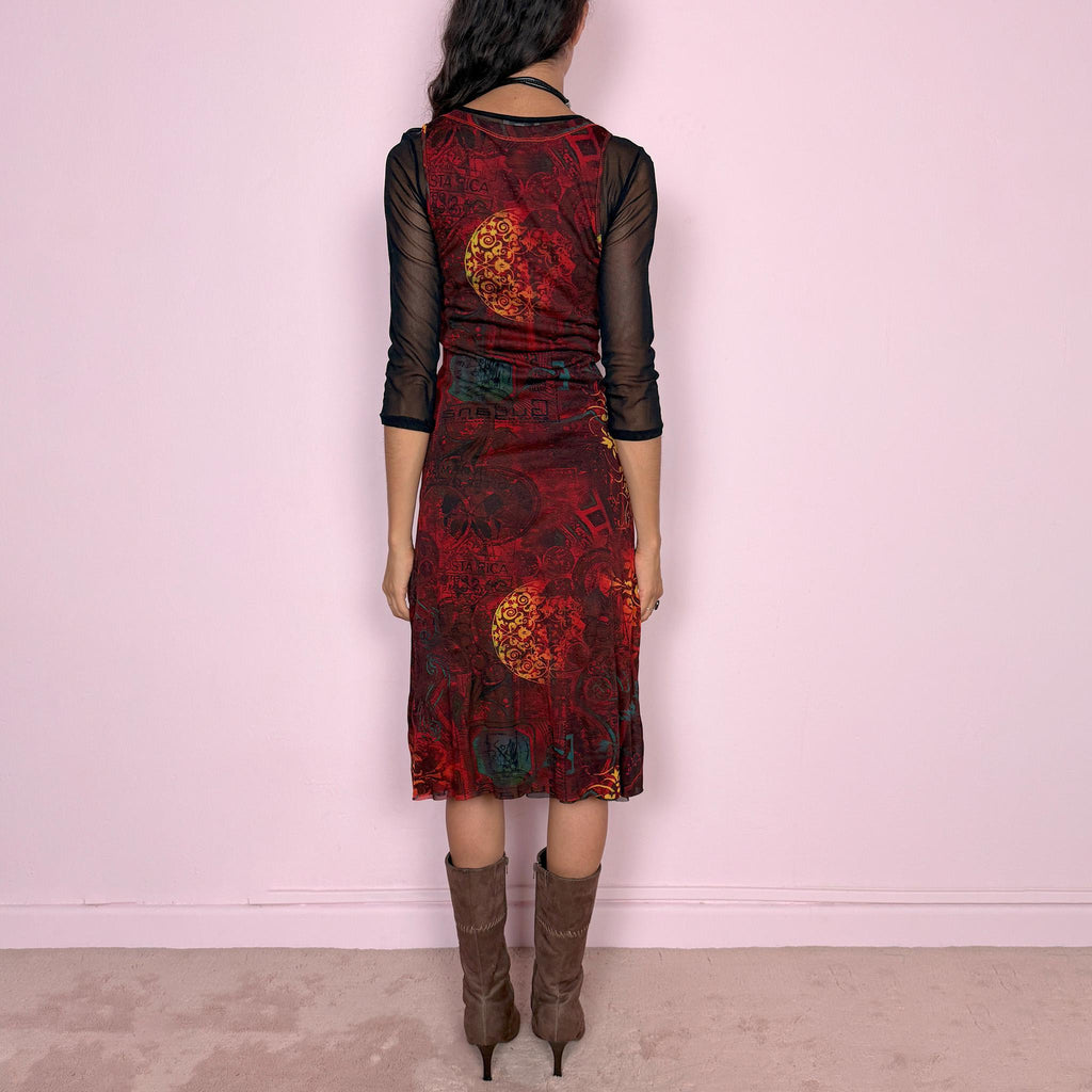 Vintage Mesh Midi Dress Graphic Print Sheer Burgundy Layered Y2K 2000s Size M