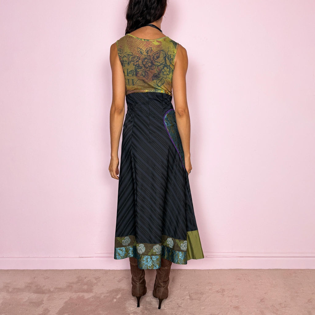Vintage Draped Midi Dress Striped Lace Medieval Baroque Avant Garde Y2K 2000s Size S