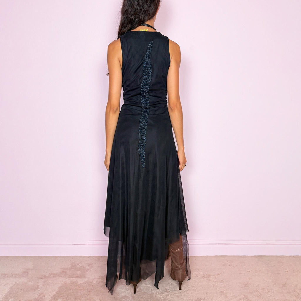 Vintage Black Maxi Dress Mesh Embroidered Avant Garde Asymmetric Y2K 2000s Size S
