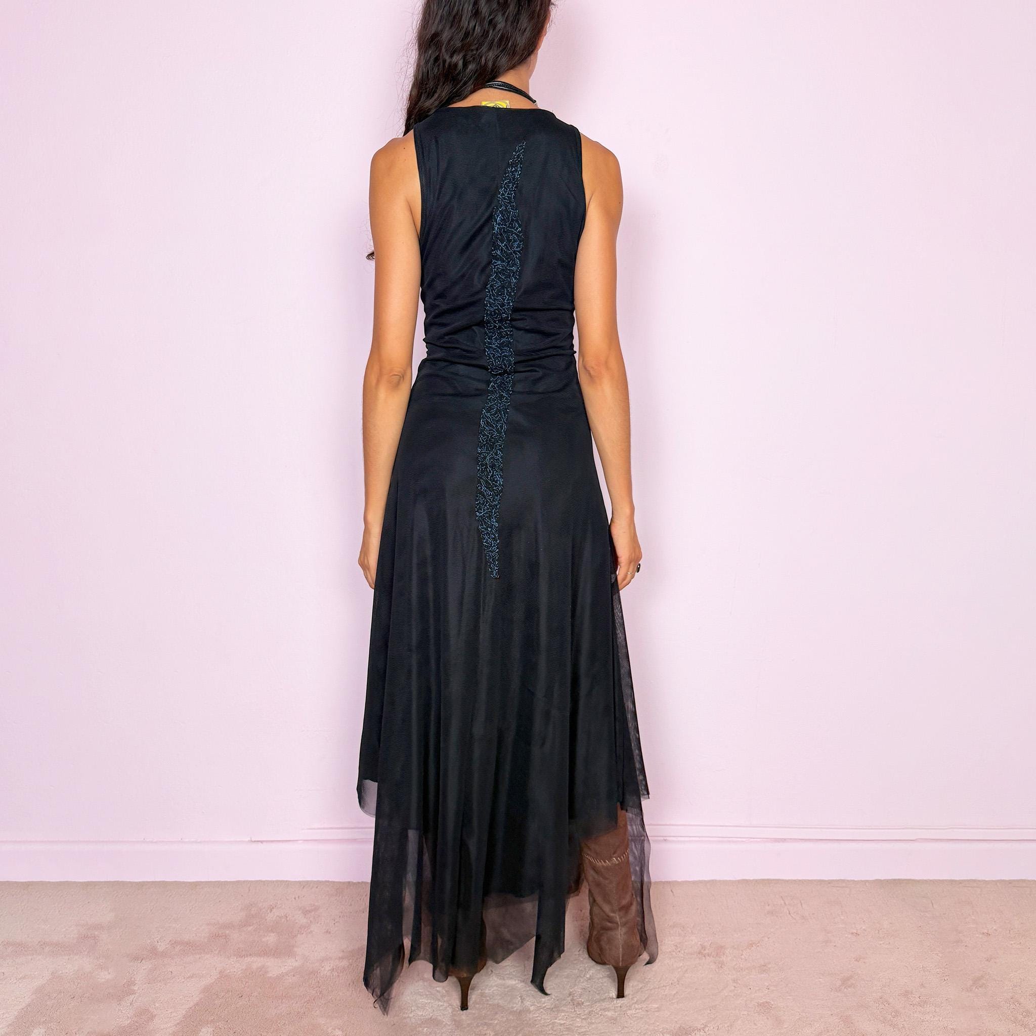 Vintage Black Maxi Dress Mesh Embroidered Avant Garde Asymmetric Y2K 2000s Size S