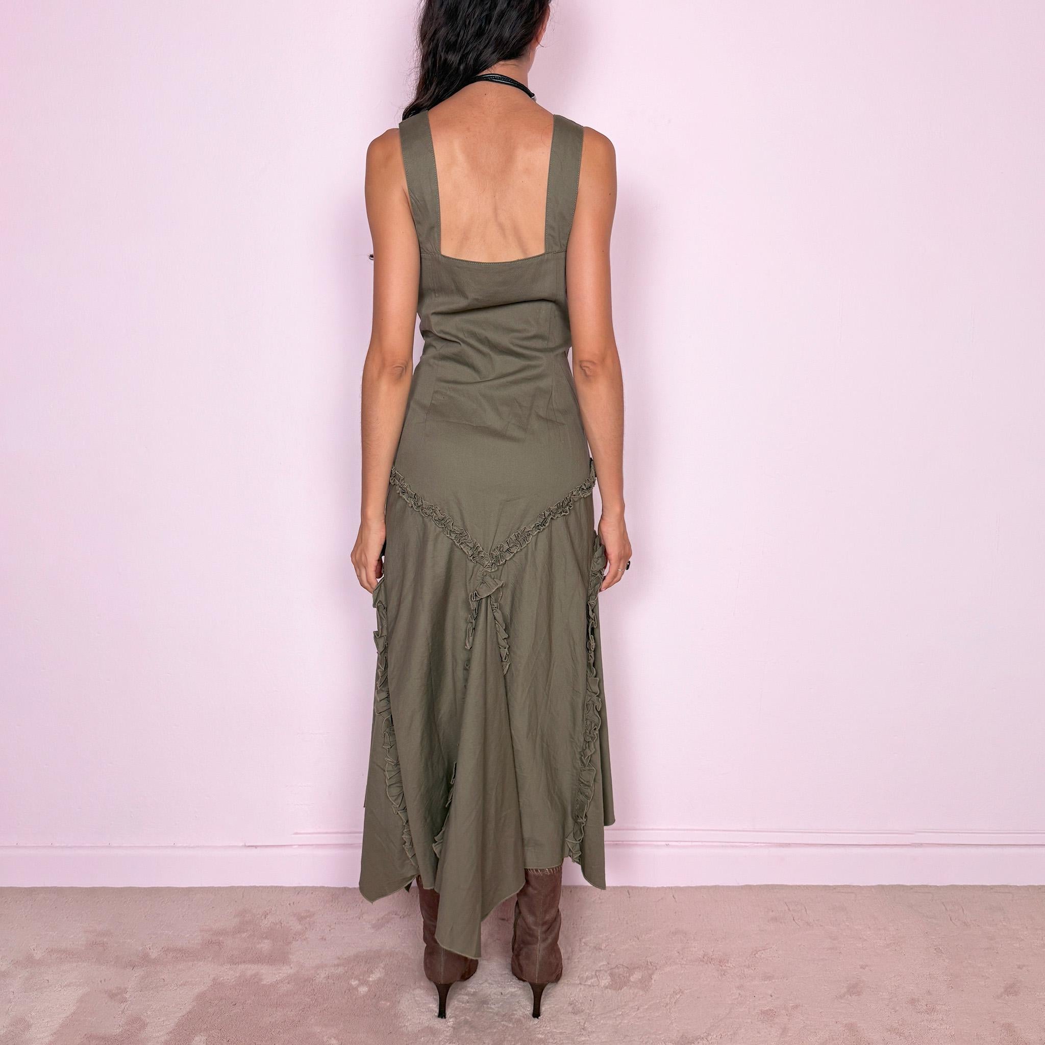 Vintage Green Maxi Dress Sequin Ruffle Asymmetric Khaki Fairy Y2K 2000s Size L