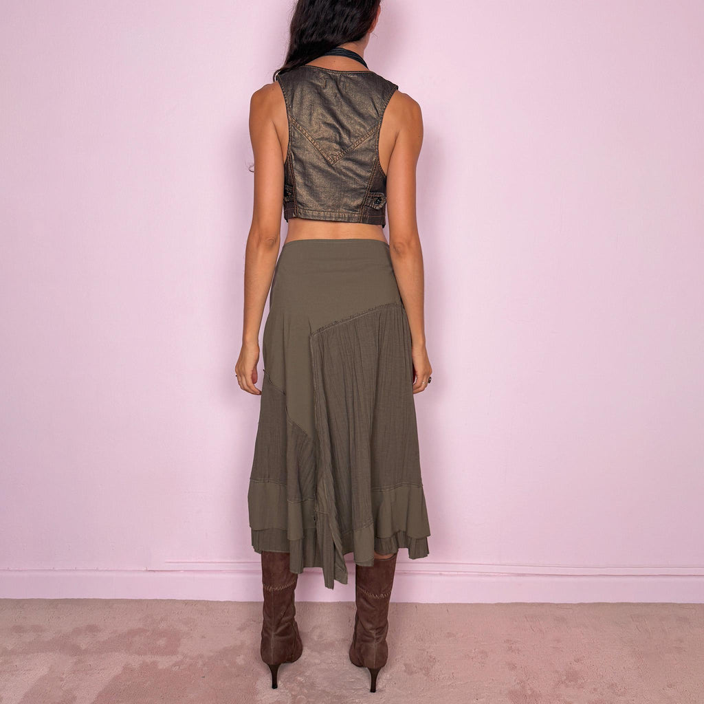 Vintage Green Midi Skirt Asymmetric Pleated Ruffle Avant Garde Y2K 2000s Size S