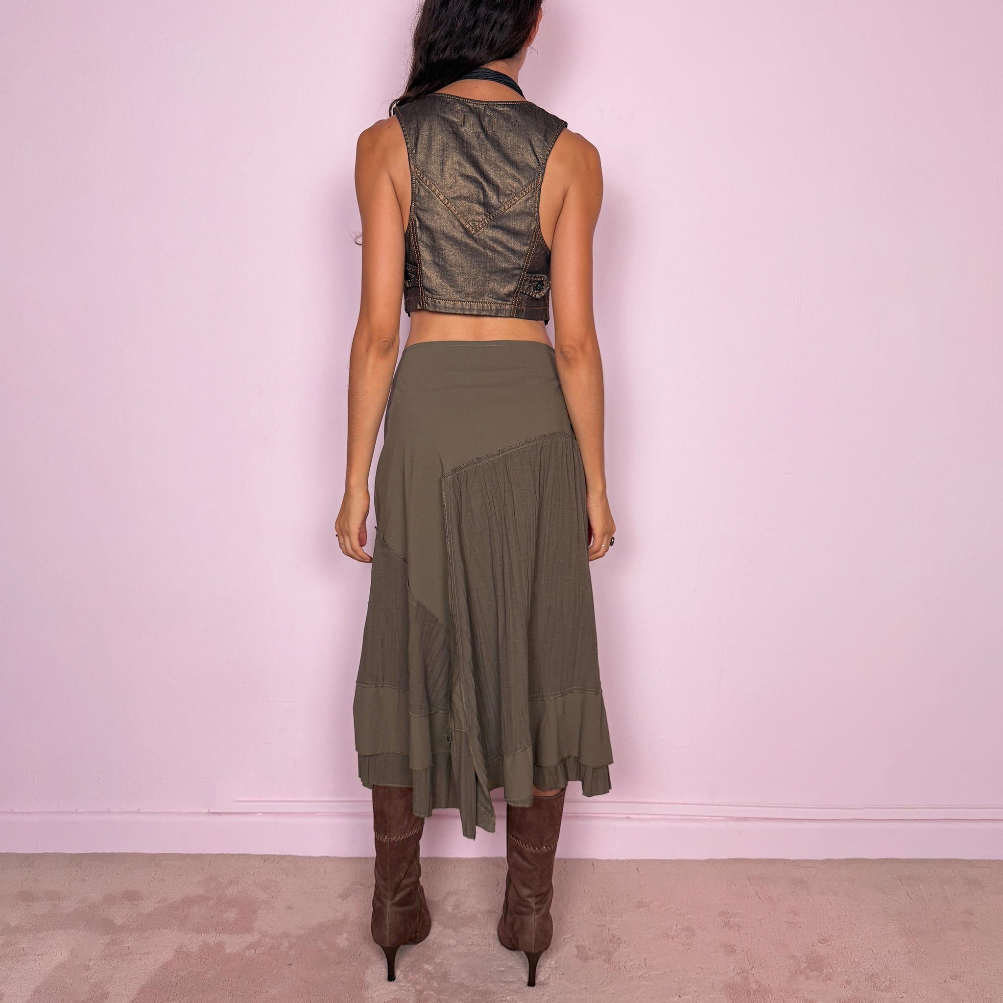Vintage Green Midi Skirt Asymmetric Pleated Ruffle Avant Garde Y2K 2000s Size S