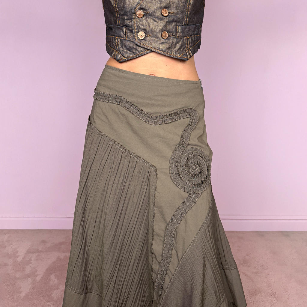 Vintage Green Midi Skirt Asymmetric Pleated Ruffle Avant Garde Y2K 2000s Size S