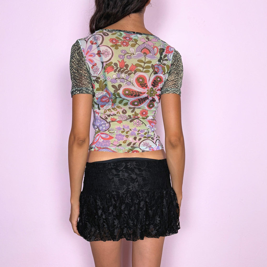 Vintage Mesh Top Roberto Cavalli Sheer Graphic Snakeskin Designer Maximalist Y2K 2000s Size S
