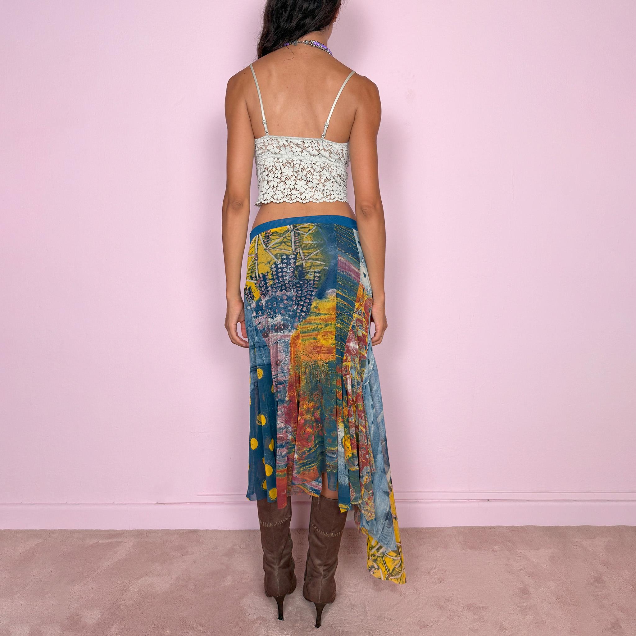Vintage Mesh Midi Skirt Asymmetric Patchwork Handkerchief Y2K 2000s Size S