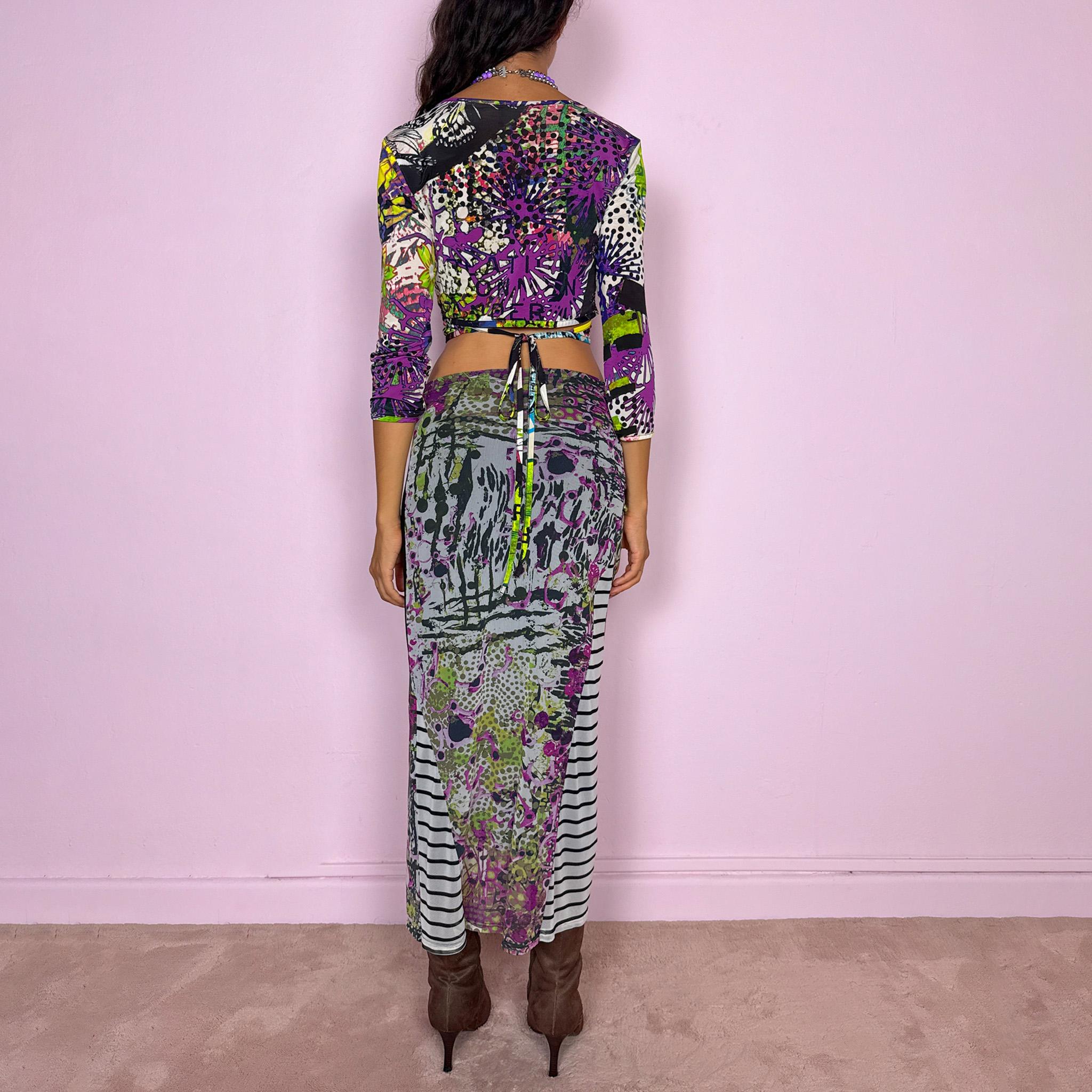 Vintage Two Piece Set Mesh Crop Top Graphic Midi Skirt Maximalist Y2K 2000s Size S