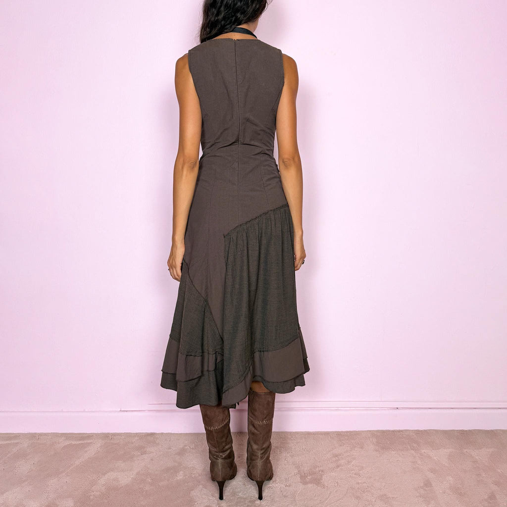 Vintage Brown Midi Dress Asymmetric Deconstructed Avant Garde Y2K 2000s Size S