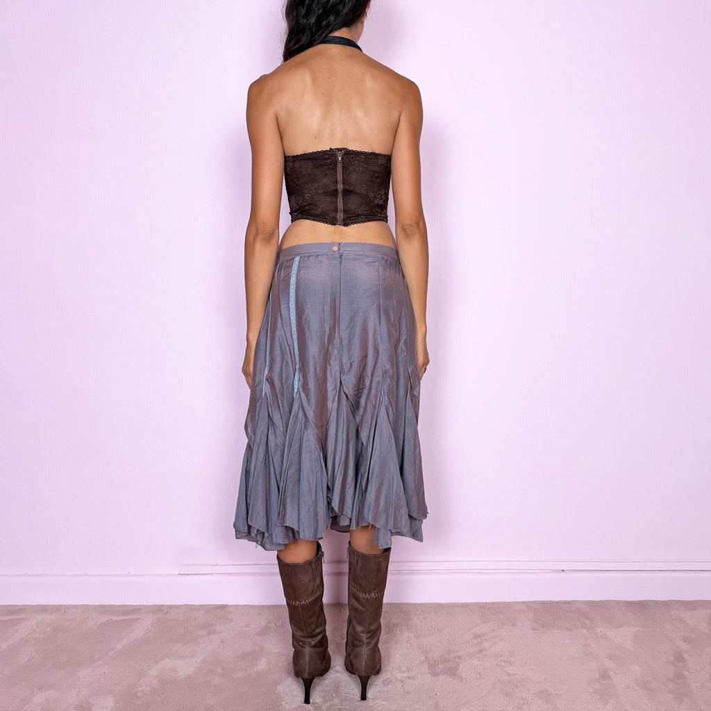 Vintage Gray Midi Skirt Silk Iridescent Layered Cotton Godet Y2K 2000s Size M