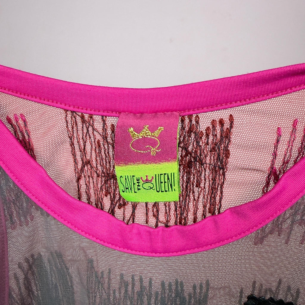 Vintage Graphic Mesh Top Save the Queen Gray Pink Sheer Y2K 2000s Size M