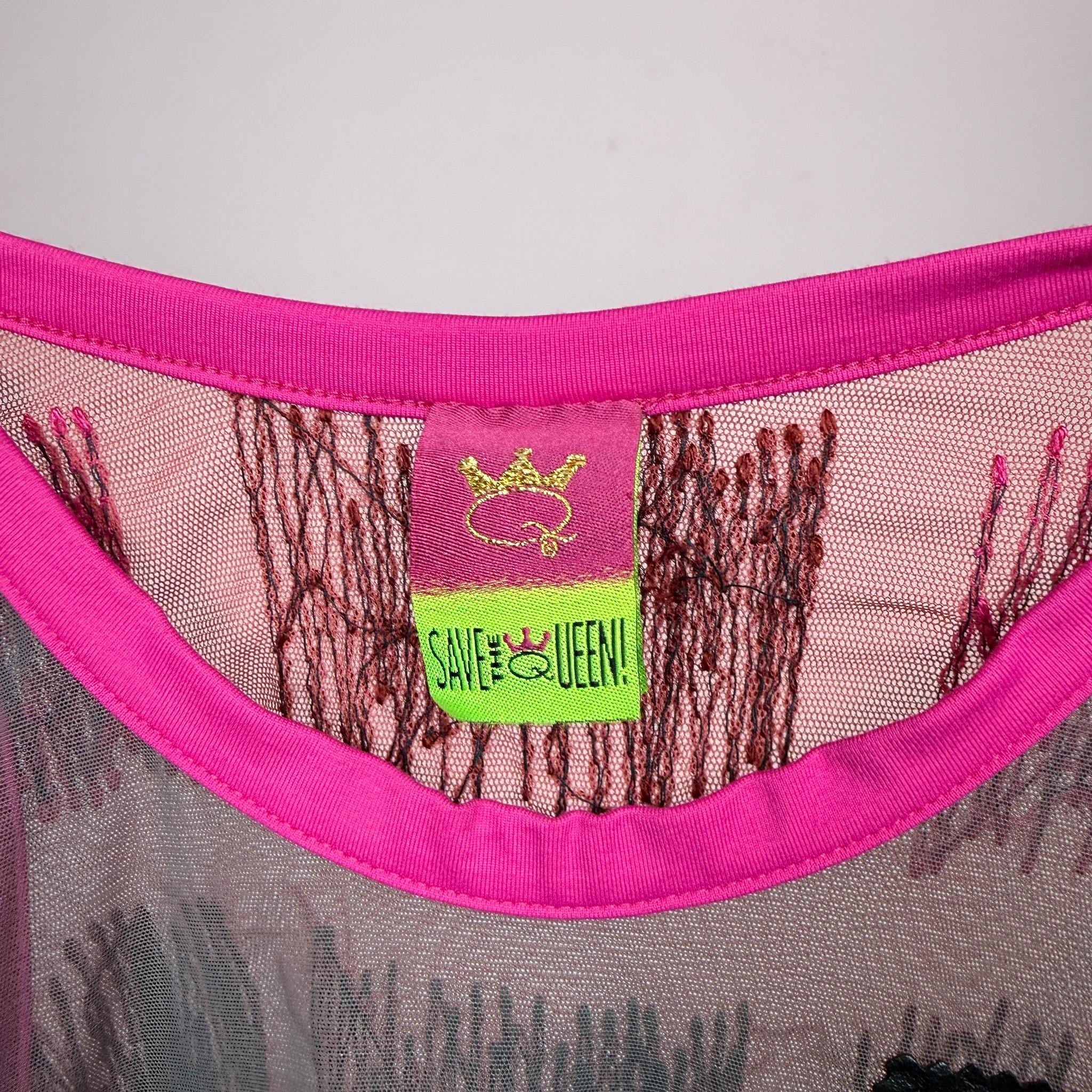 Vintage Graphic Mesh Top Save the Queen Gray Pink Sheer Y2K 2000s Size M