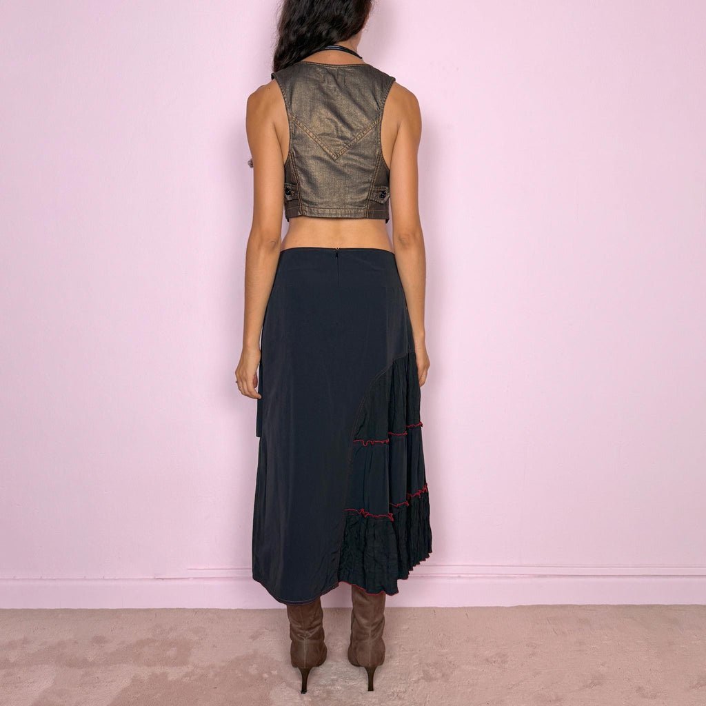 Vintage Black Midi Skirt Layered Deconstructed Utility Zip Y2K 2000s Size M