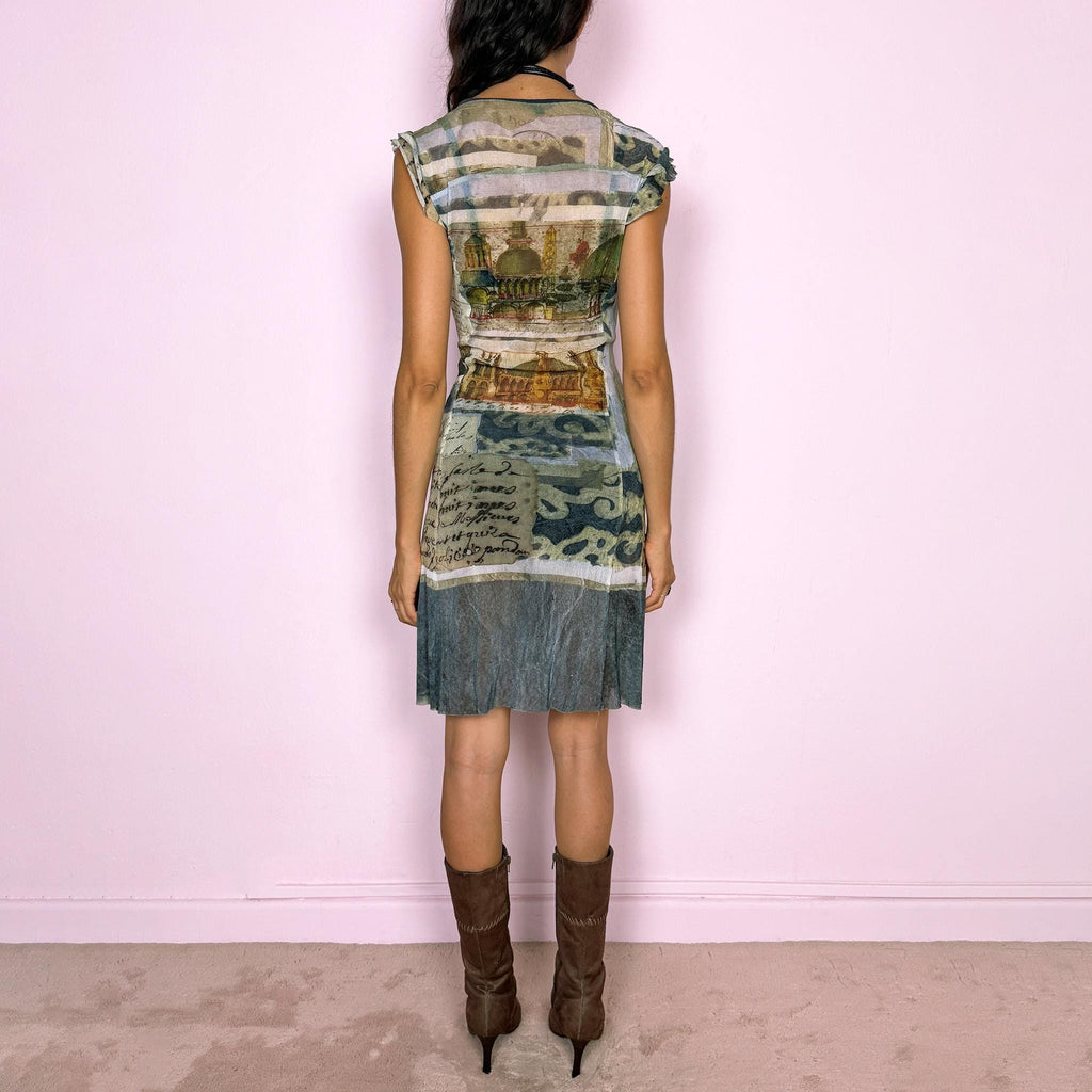 Vintage Mesh Midi Dress Graphic Art Postcard Print Sheer Maximalist Y2K 2000s Size S