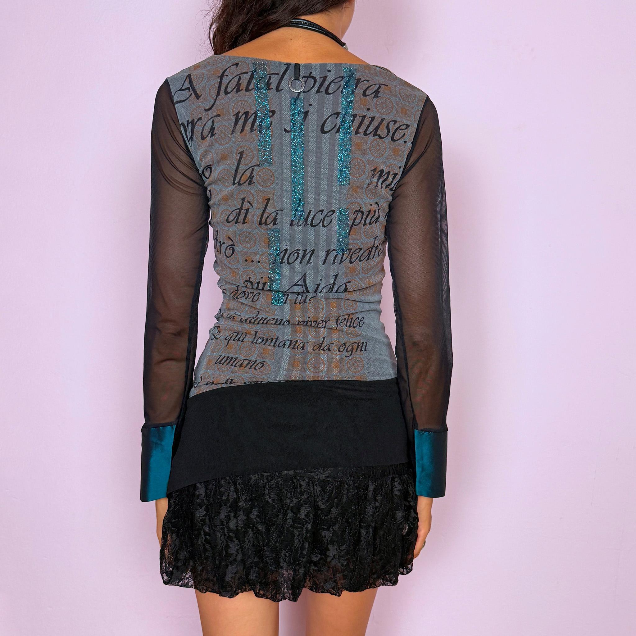 Vintage Black Mesh Top Save the Queen Graphic Sheer Y2K 2000s Size M