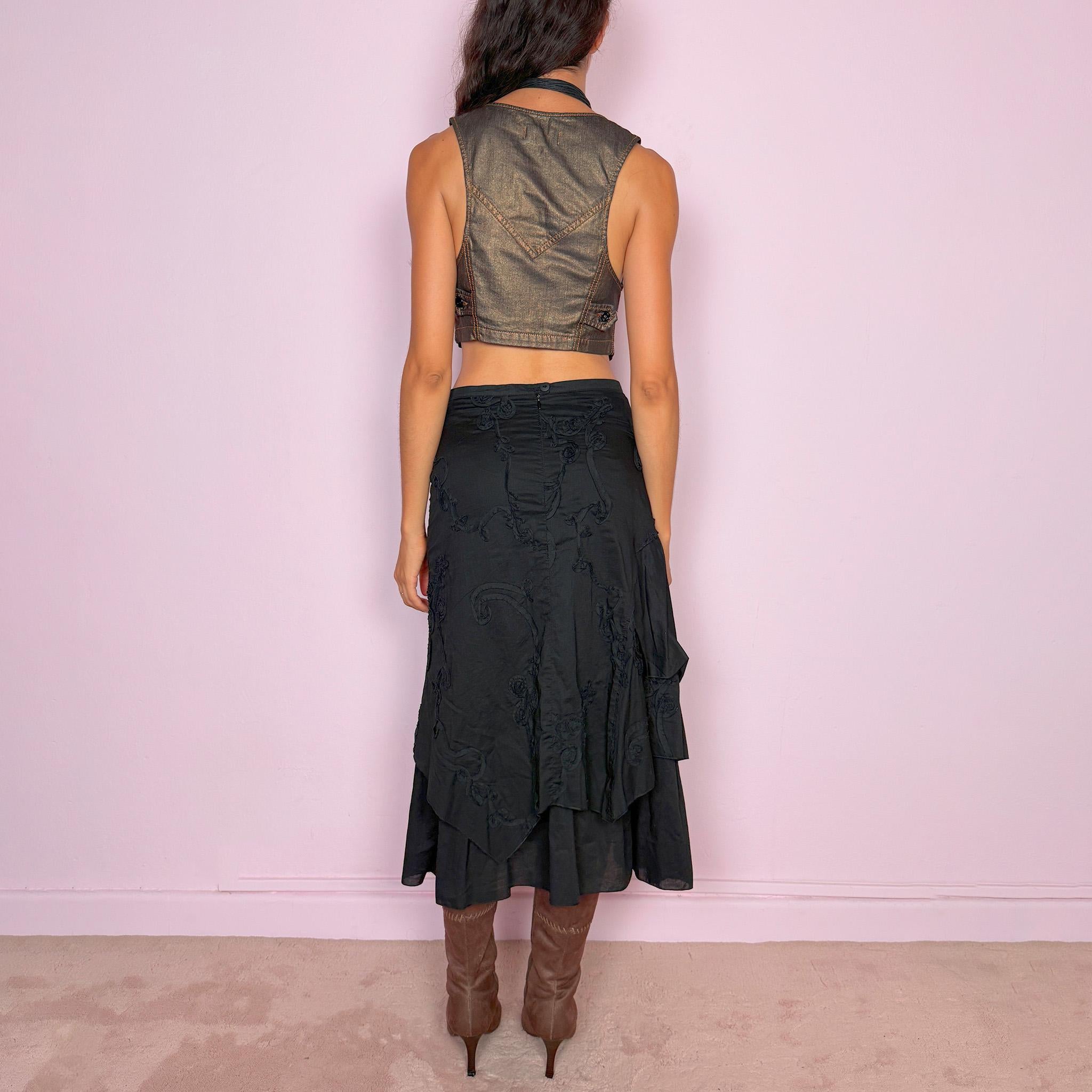Vintage Black Midi Skirt Cotton Layered Asymmetric Fairy Y2K 2000s Size S