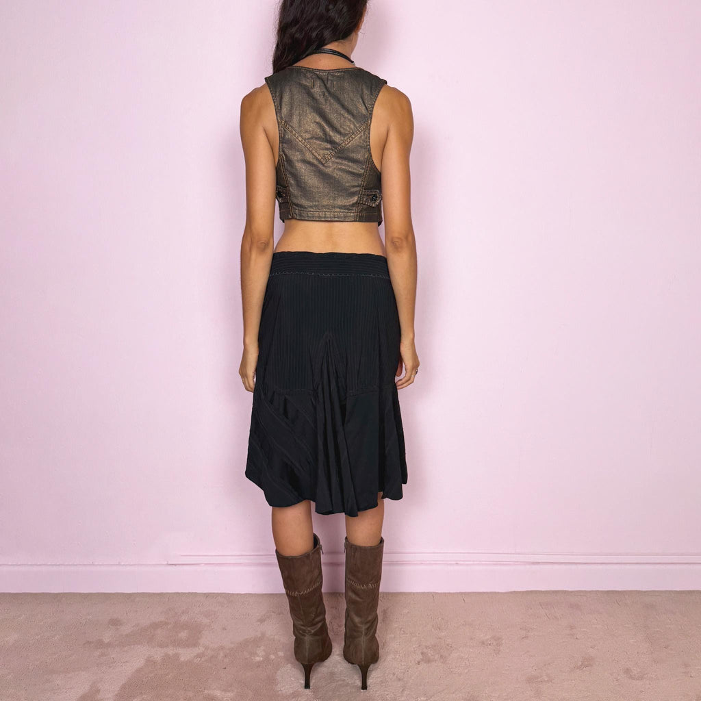 Vintage Black Midi Skirt Girbaud Pinstripe Asymmetric Deconstructed Y2K 2000s Size M
