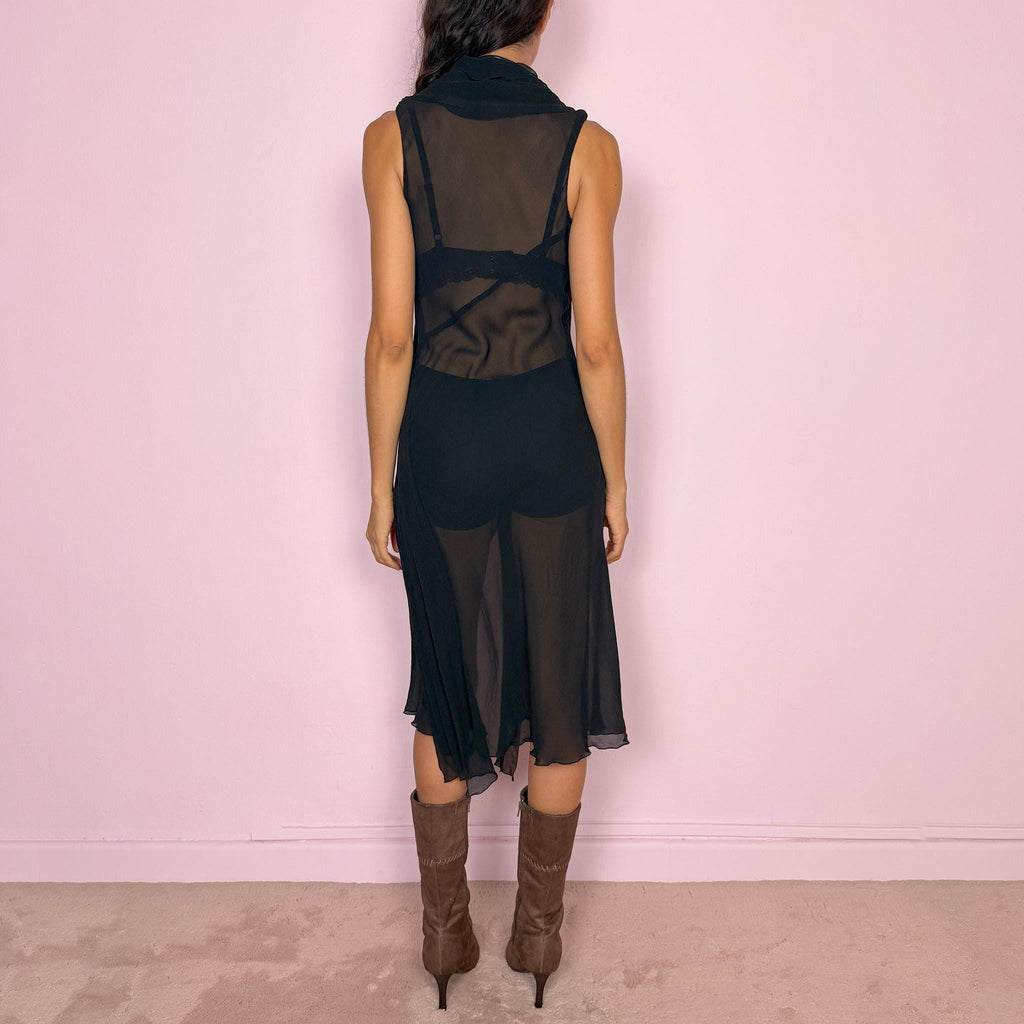 Vintage Black Midi Dress Sheer Draped Asymmetric Avant Garde Y2K 2000s Size S