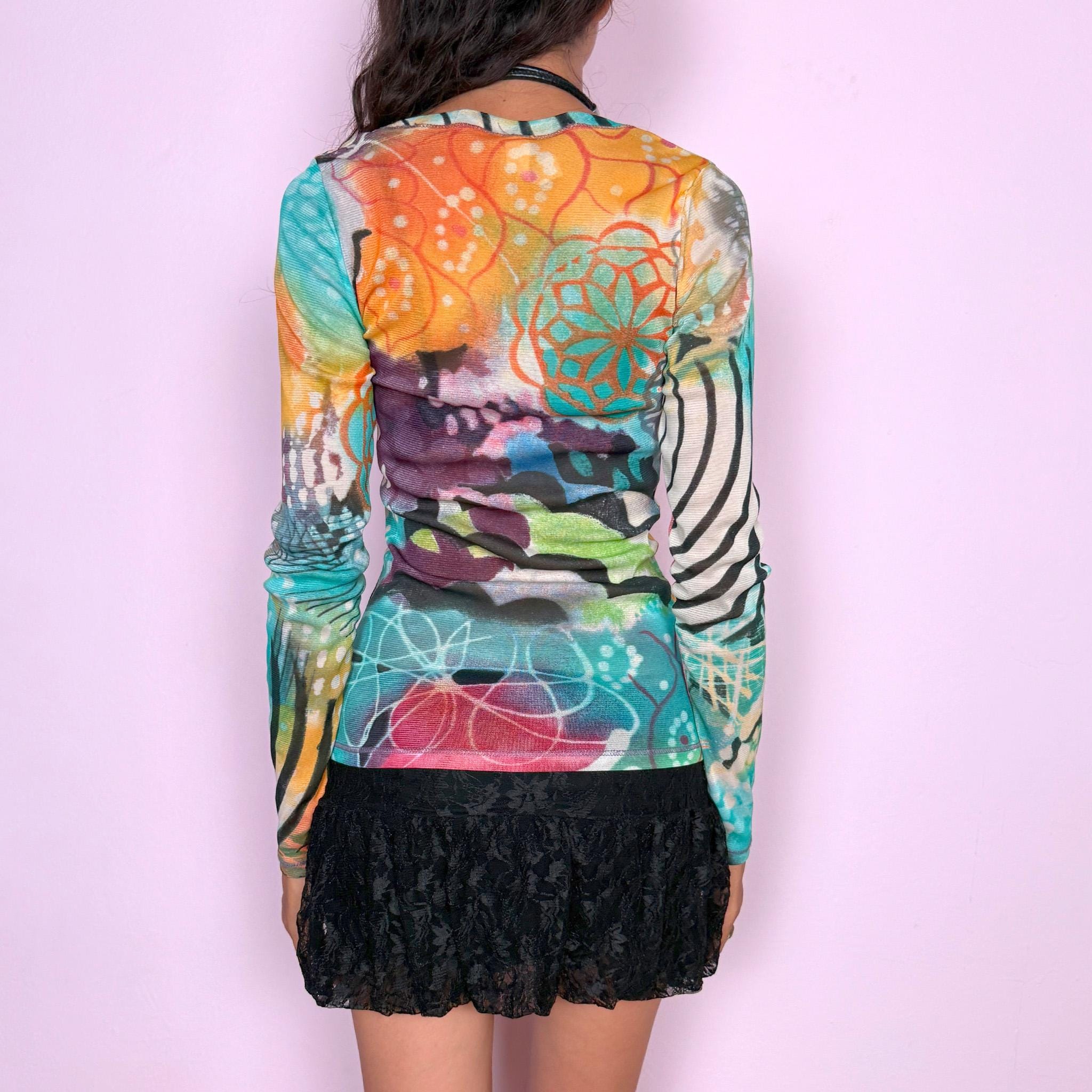 Vintage Graphic Mesh Top Art Print Sheer Maximalist Y2K 2000s Size S