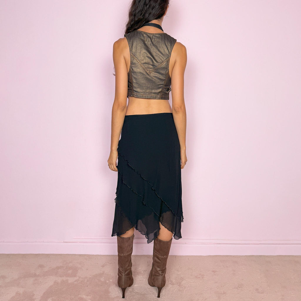 Vintage Black Midi Skirt Silk Layered Asymmetric Avant Garde Y2K 2000s Size M