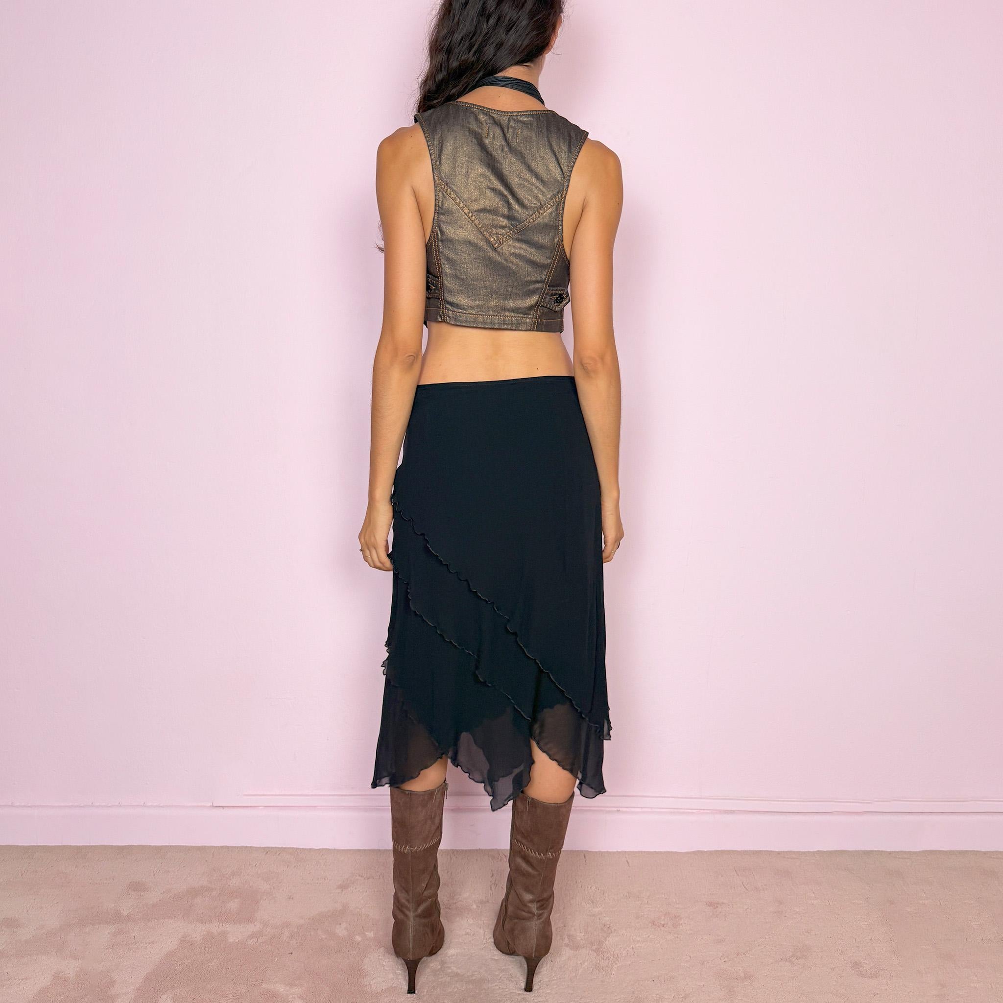 Vintage Black Midi Skirt Silk Layered Asymmetric Avant Garde Y2K 2000s Size M