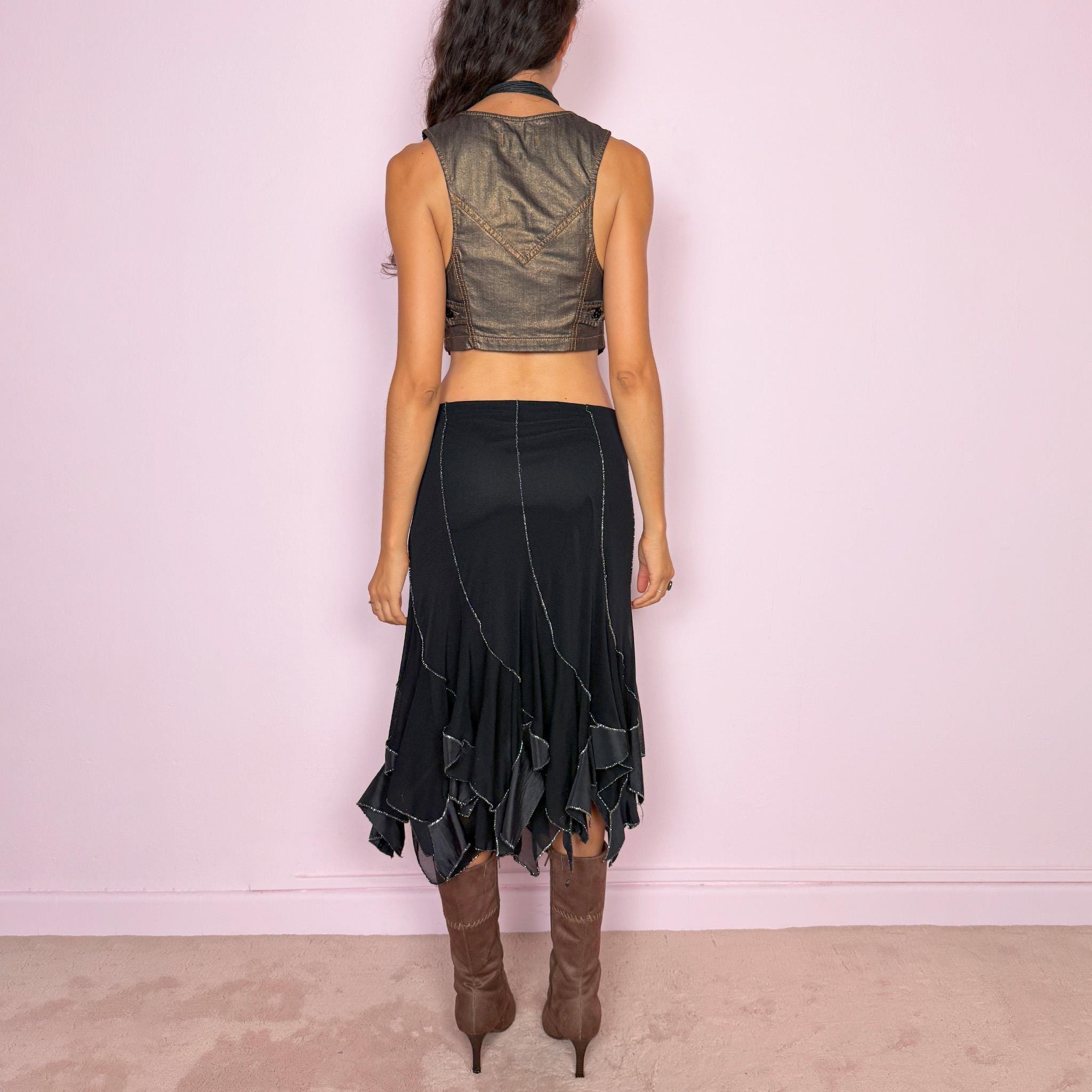 Vintage Black Midi Skirt Mesh Asymmetric Handkerchief Party Y2K 2000s Size S