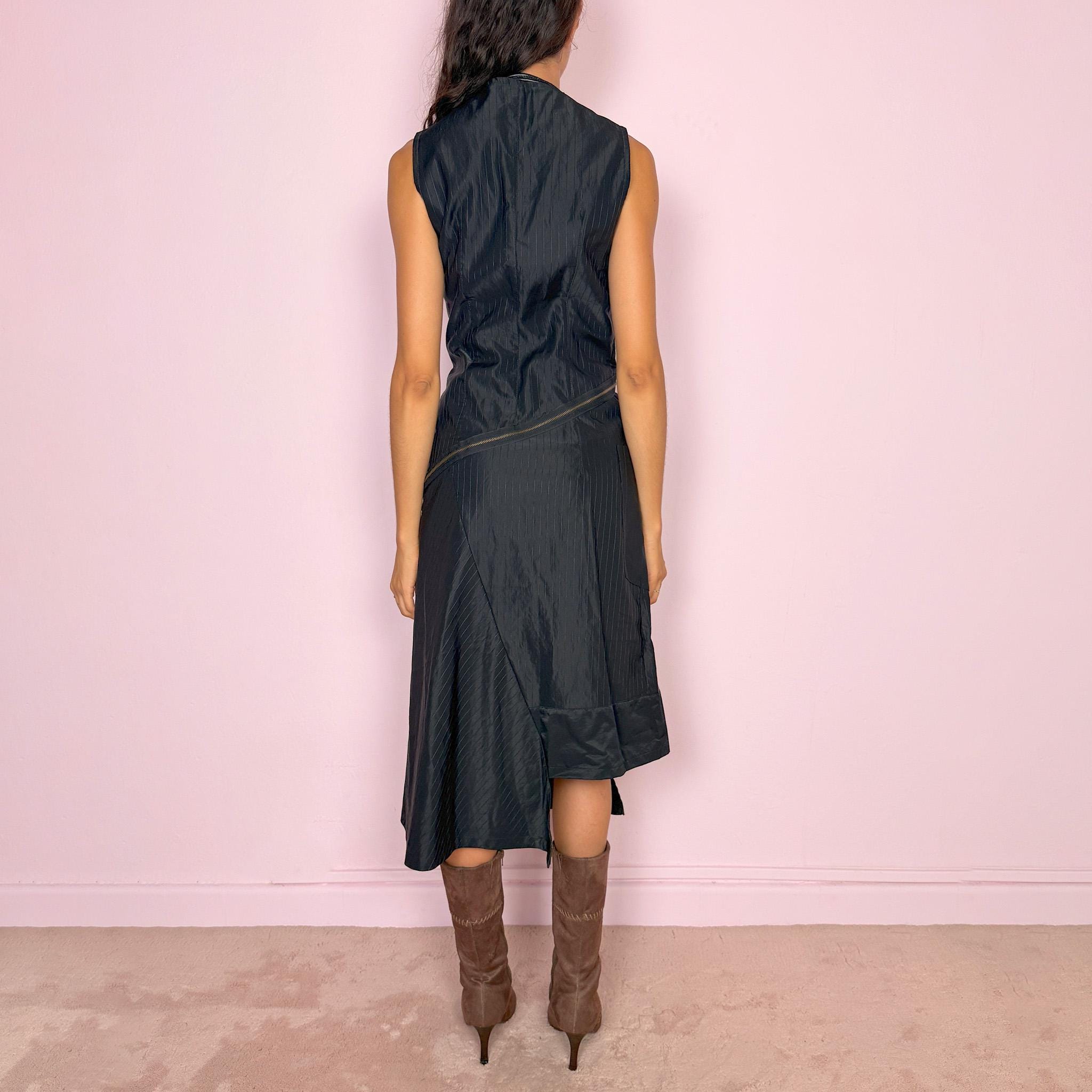 Vintage Black Midi Dress Asymmetric Zip Deconstructed Avant Garde Y2K 2000s Size S