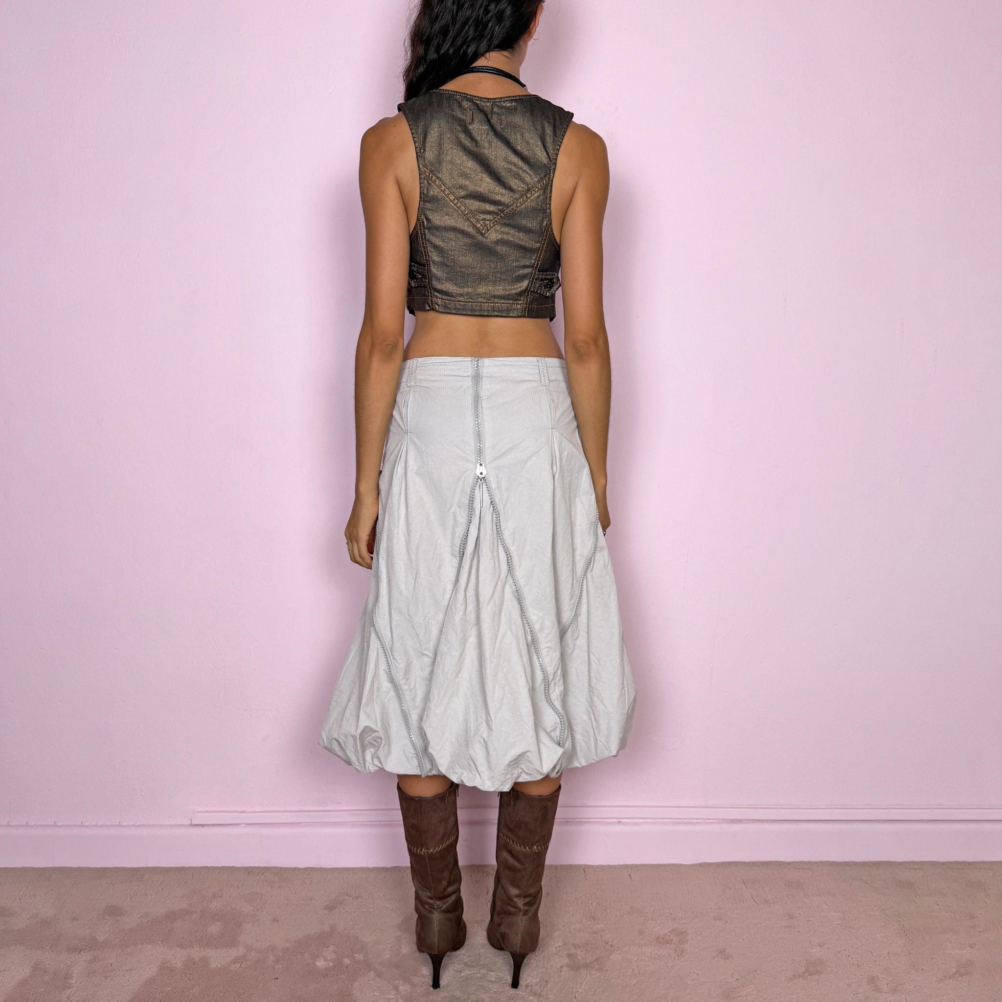 Vintage Gray Midi Skirt Bubble Zipper Avant Garde Futuristic Y2K 2000s Size L