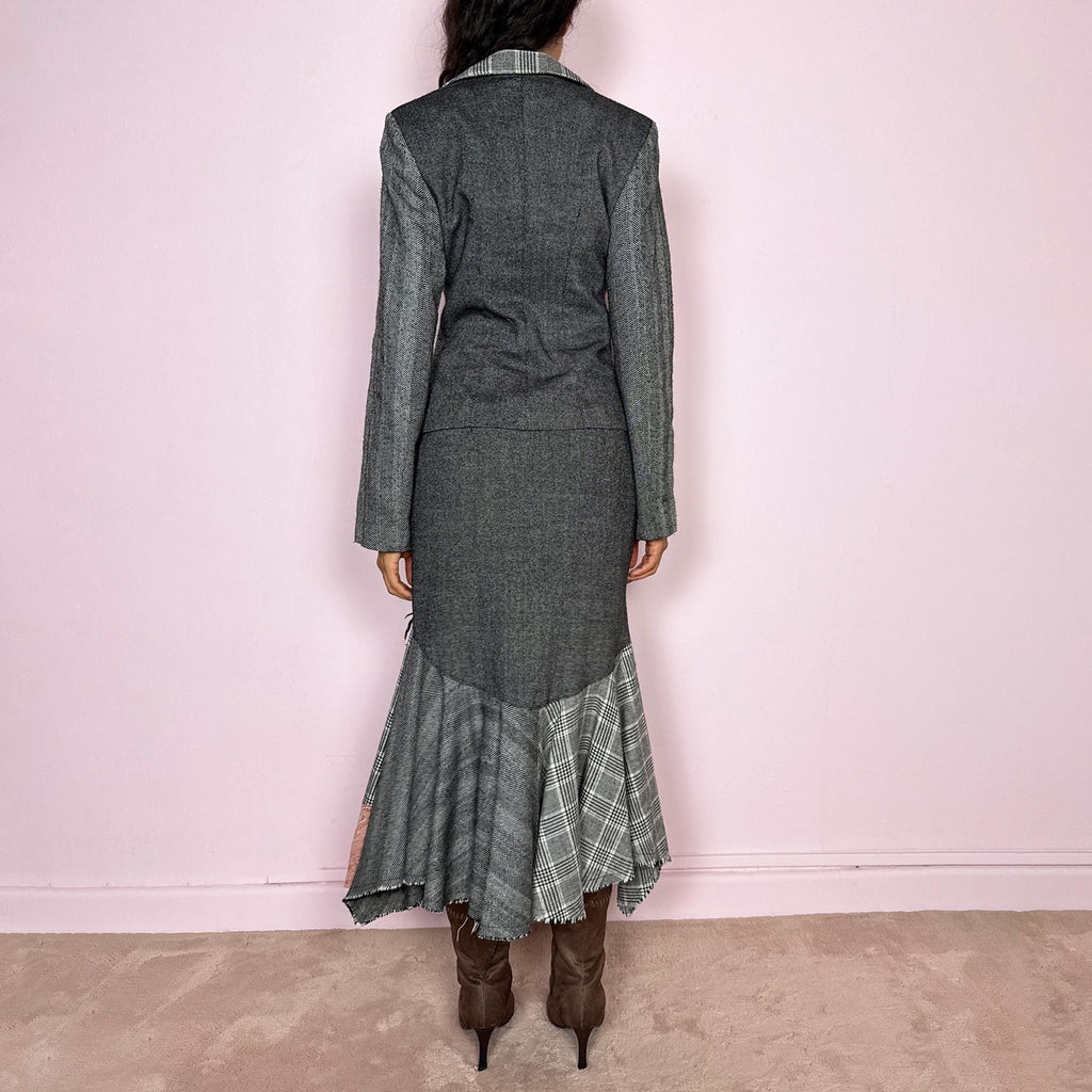 Vintage Skirt Suit Gray Wool Herringbone Blazer Set Avant Garde Y2K 2000s Size S