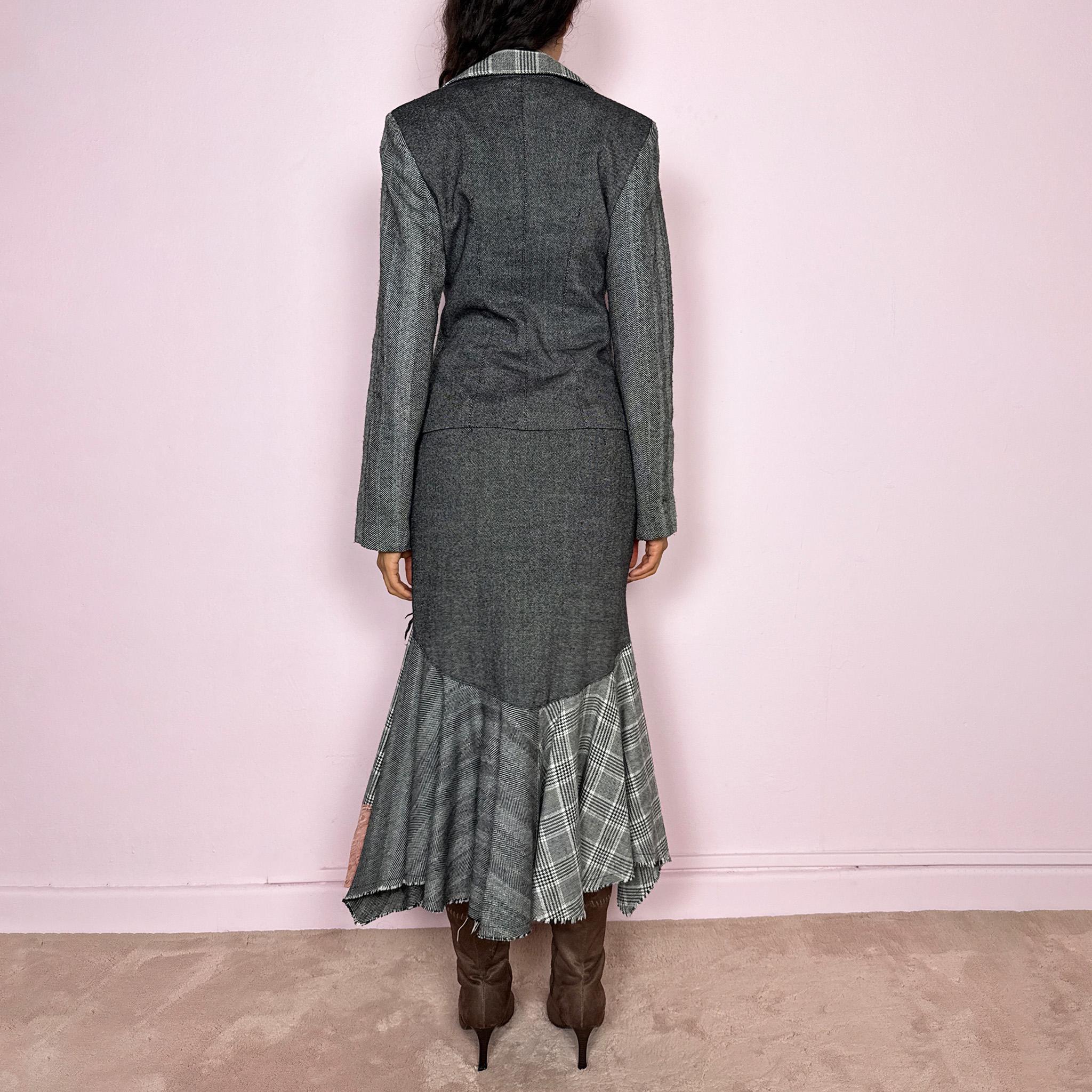 Vintage Skirt Suit Gray Wool Herringbone Blazer Set Avant Garde Y2K 2000s Size S