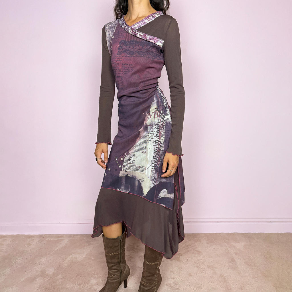 Vintage 2000s avant-garde stretchy mesh dress featuring an abstract layered graphic print in purple and cream tones, with contrasting brown semi-sheer long sleeves, asymmetric neckline detailing, and a dramatic irregular layered hem. The deconstructed style has a distinctly Y2K art-to-wear feel. Made in France by a French brand from polyamide and polyester. Excellent vintage condition.