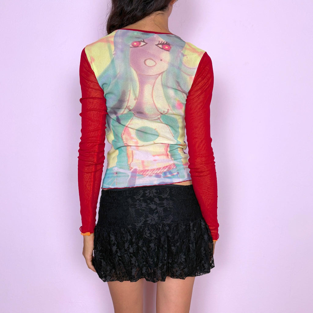 Vintage Graphic Mesh Top Cop Copine Red Sheer Art Y2K 2000s Size S