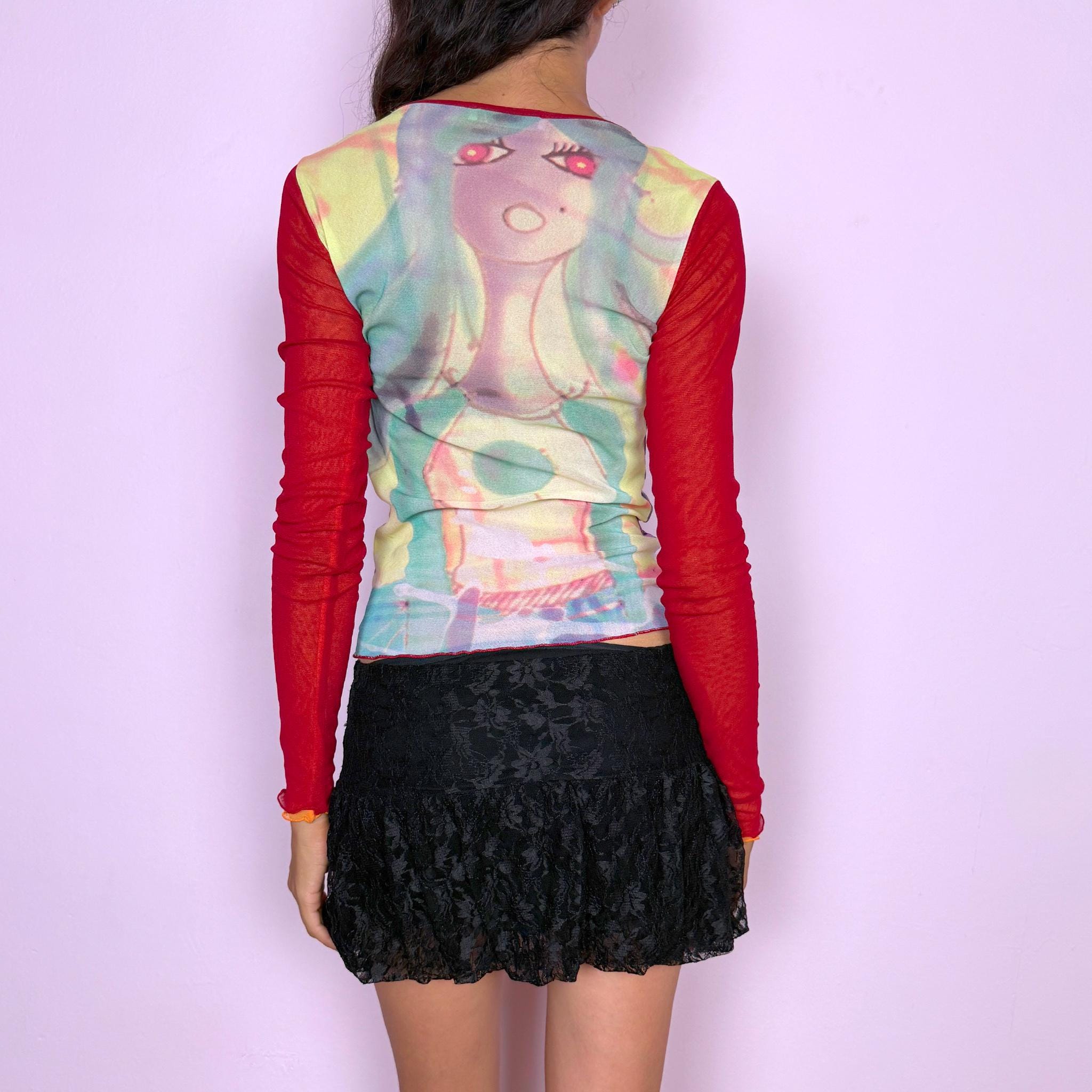 Vintage Graphic Mesh Top Cop Copine Red Sheer Art Y2K 2000s Size S