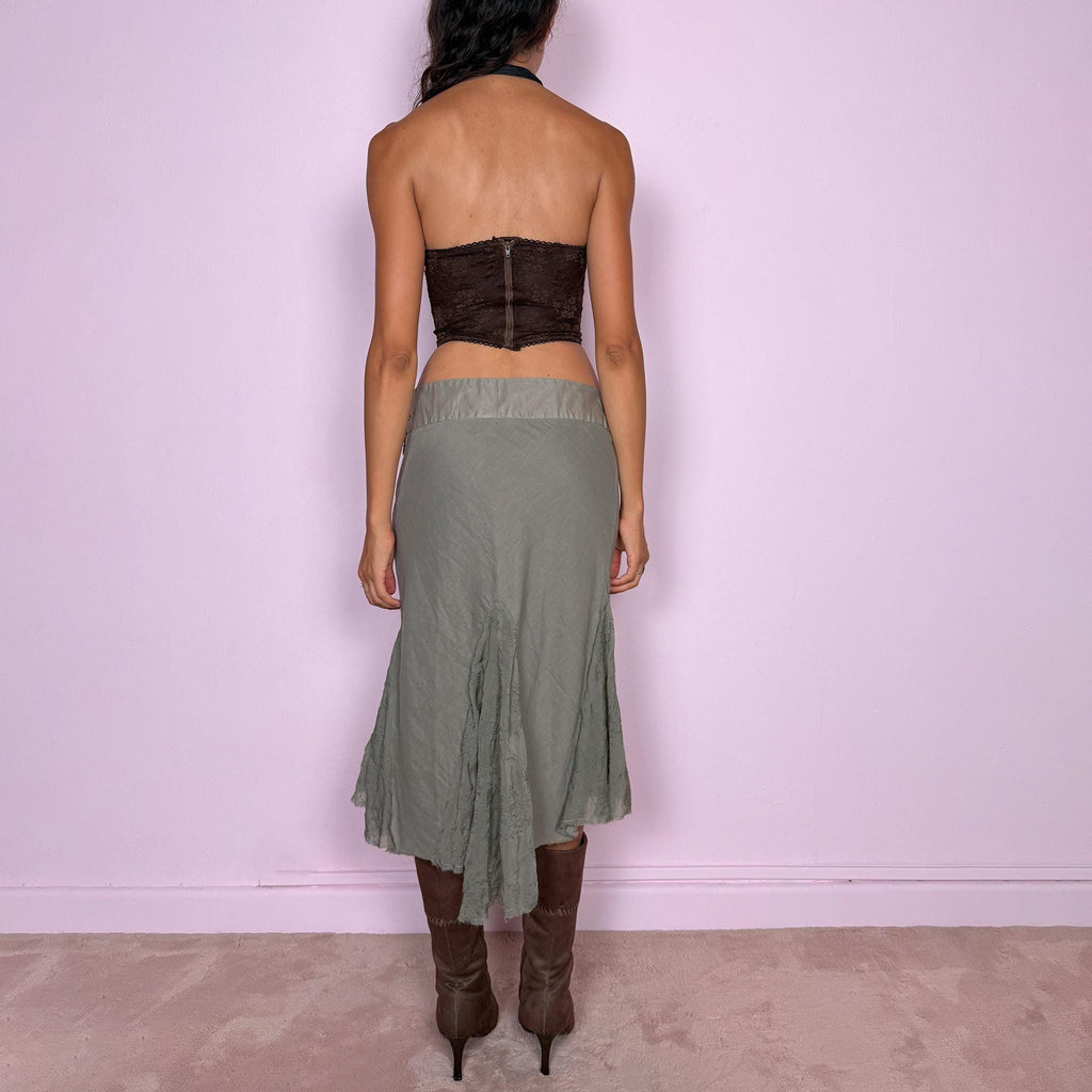 Vintage Green Midi Skirt Silk Asymmetric Low Rise Khaki Fairy Y2K 2000s Size XS