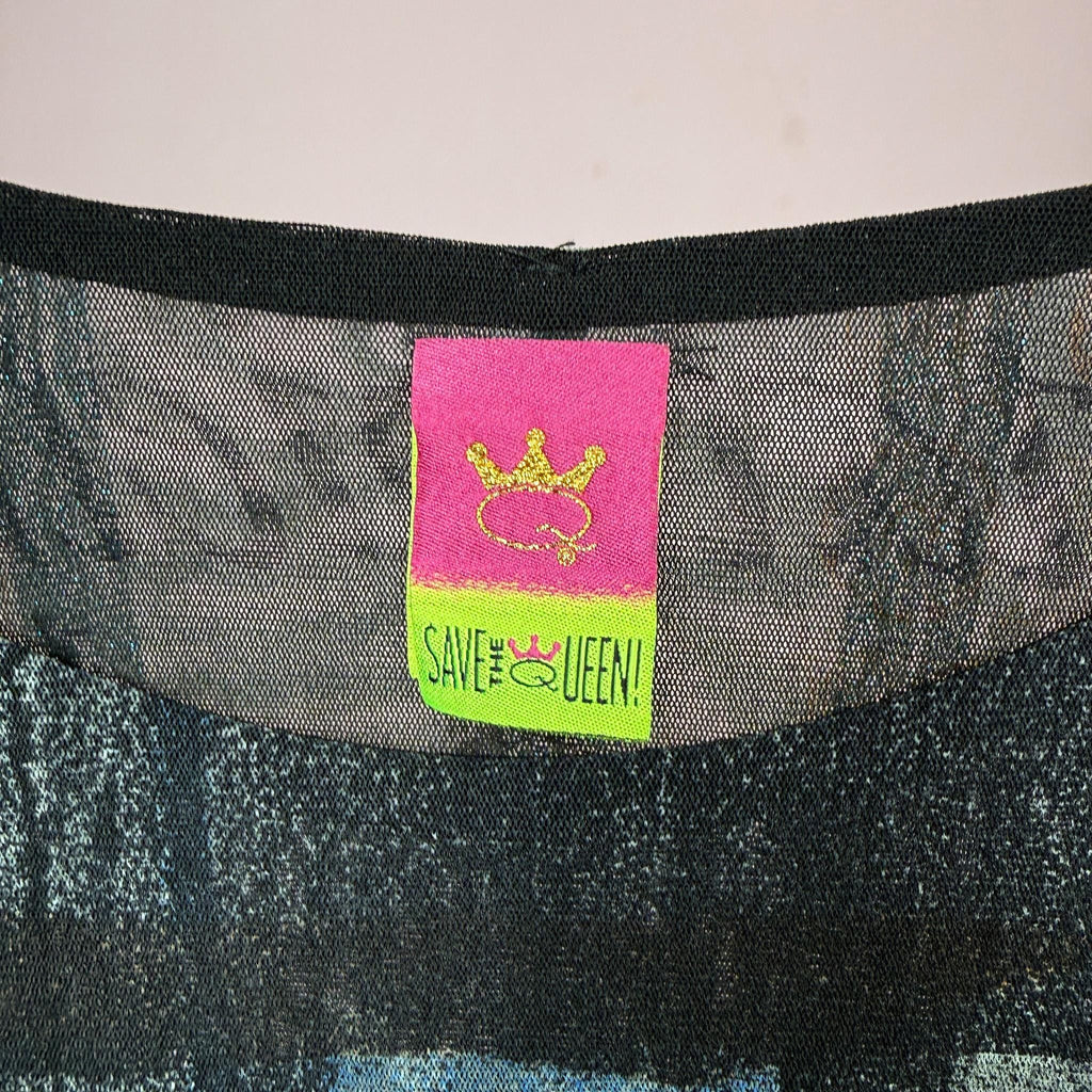 Vintage Black Mesh Top Save the Queen Graphic Sheer Y2K 2000s Size M