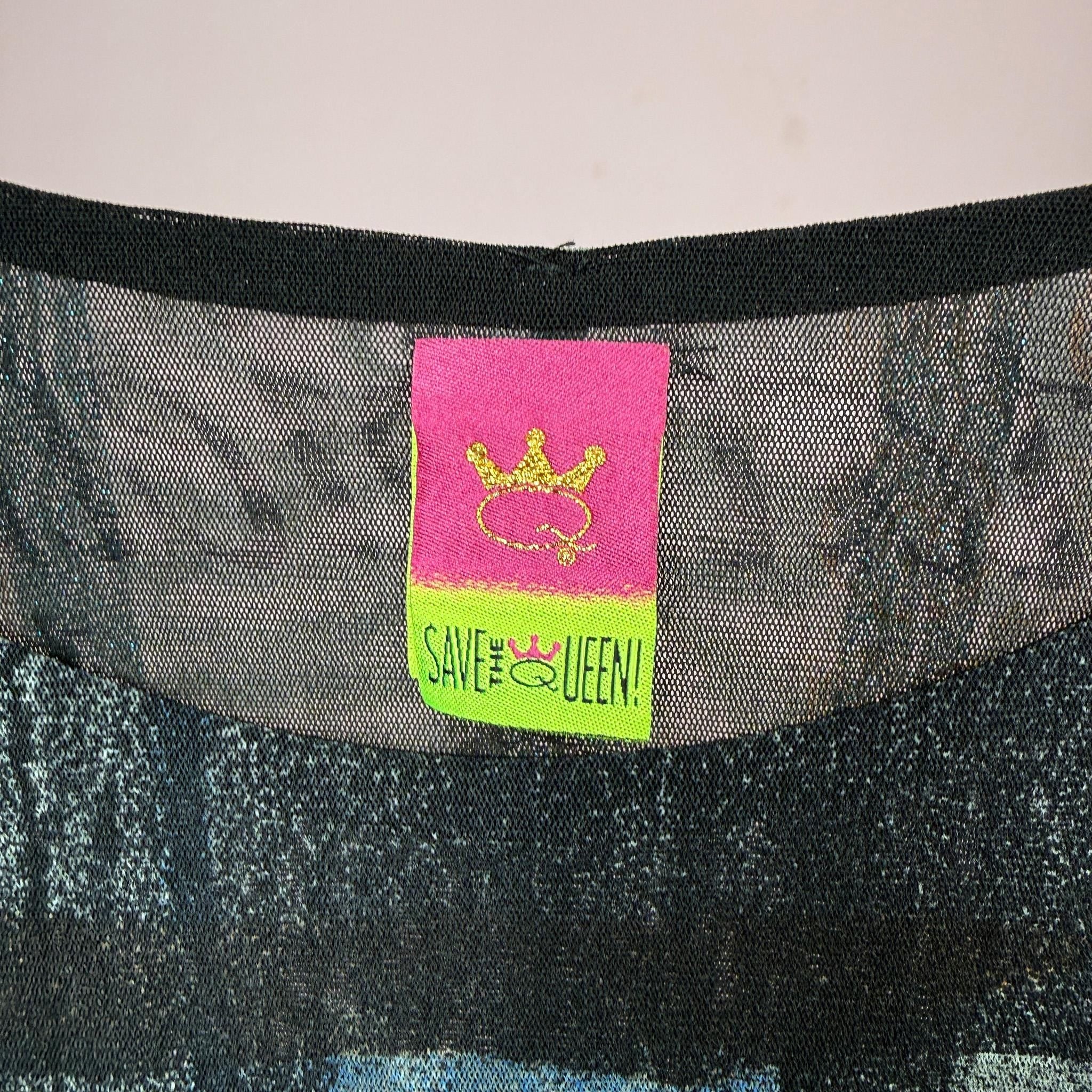 Vintage Black Mesh Top Save the Queen Graphic Sheer Y2K 2000s Size M
