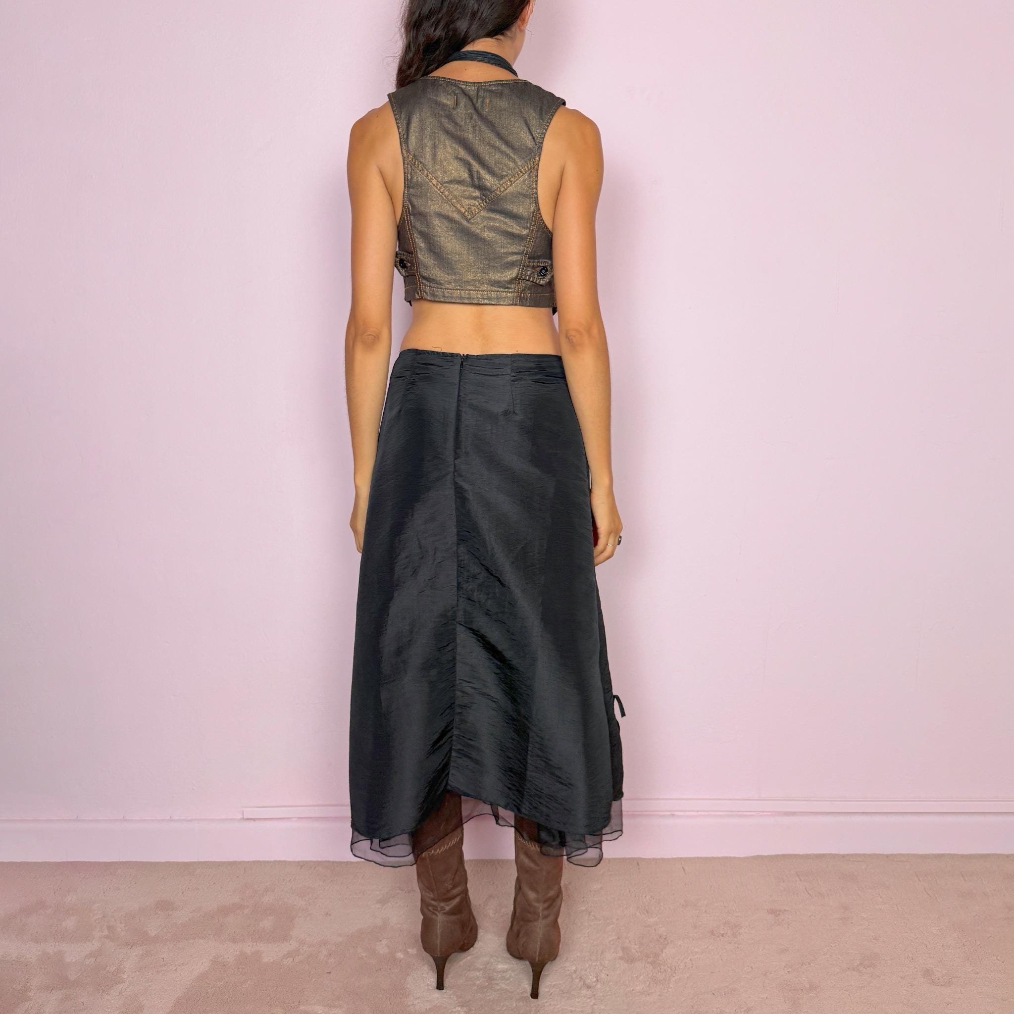 Vintage Black Midi Skirt Layered Asymmetric Draped Avant Garde Y2K 2000s Size M