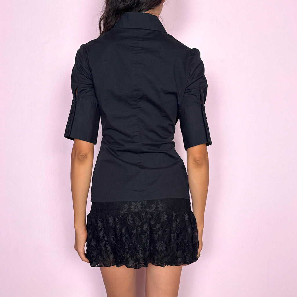 Vintage Black Shirt Top Cotton Ruffle Bib Tailored Formal Y2K 2000s Size S