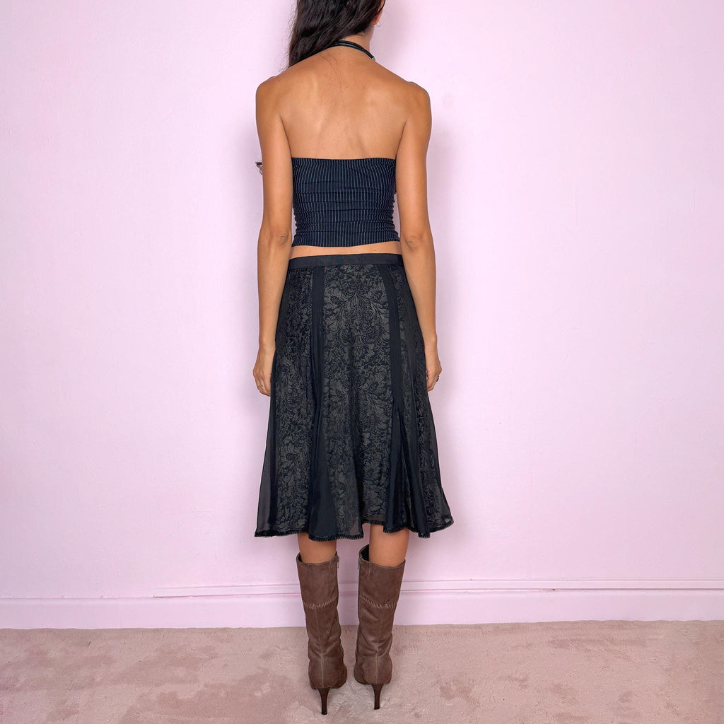 Vintage Black Midi Skirt Silk Sheer Sequin Party Y2K 2000s Size M