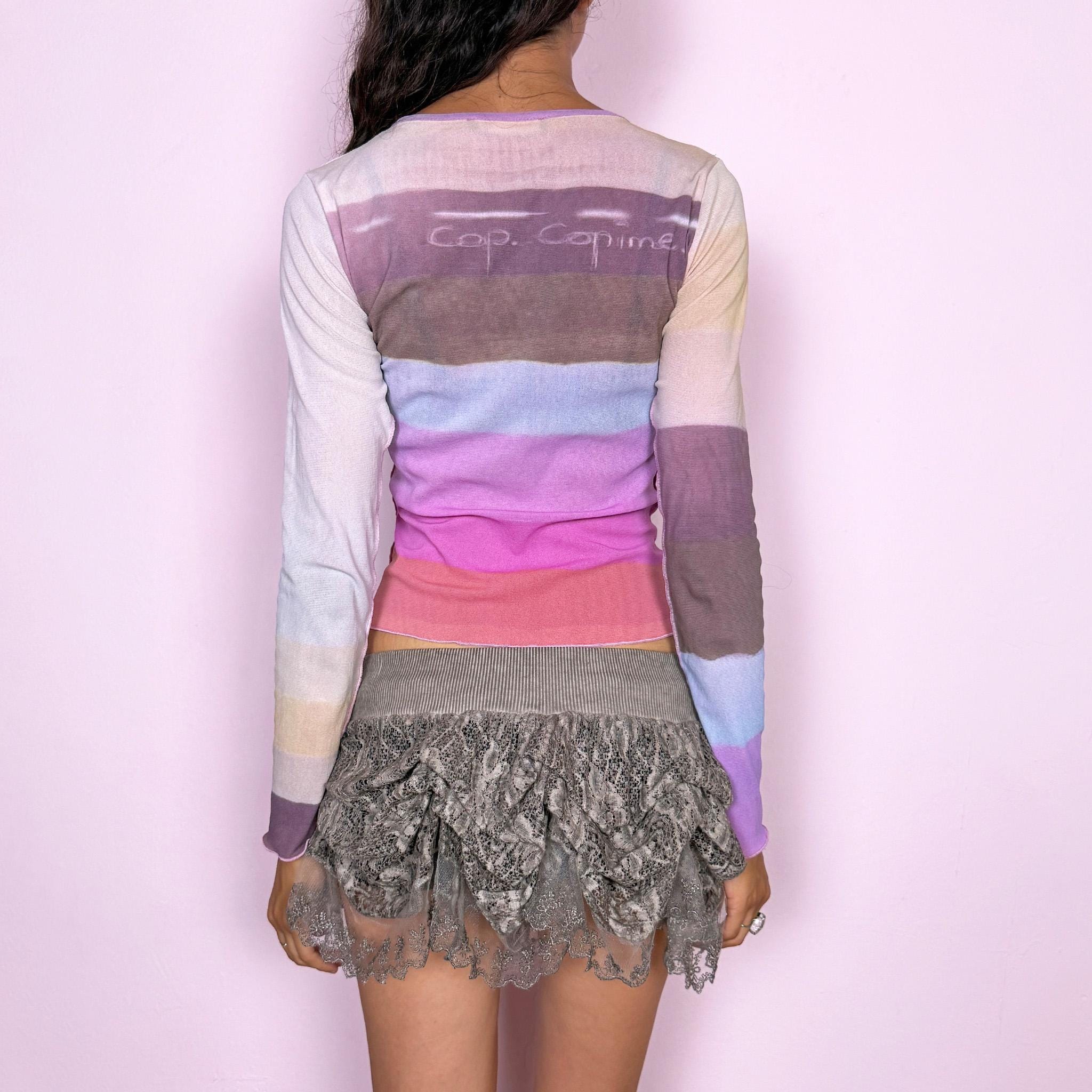 Vintage Graphic Mesh Top Cop Copine Pastel Print Long Sleeve Y2K 2000s Size S