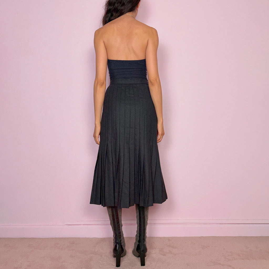 Vintage Gray Midi Skirt Pleated Wool Cashmere Minimalist 90s 2000s Size S