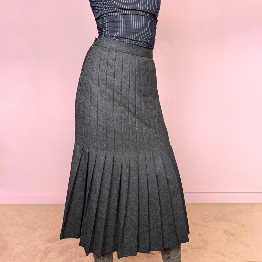 Vintage Gray Midi Skirt Pleated Wool Cashmere Minimalist 90s 2000s Size S