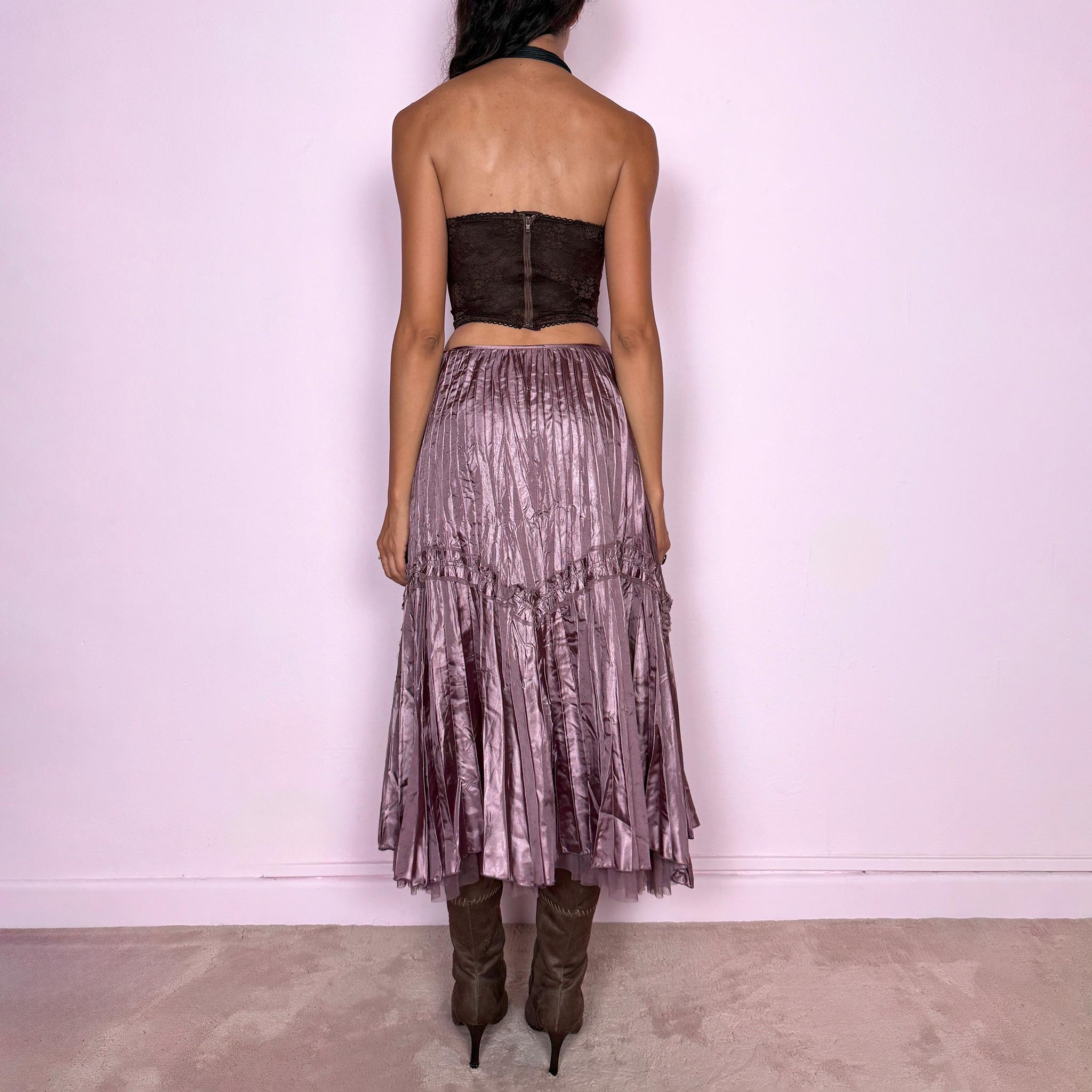 Vintage Purple Midi Skirt Metallic Pleated Mauve Party Y2K 2000s Size S