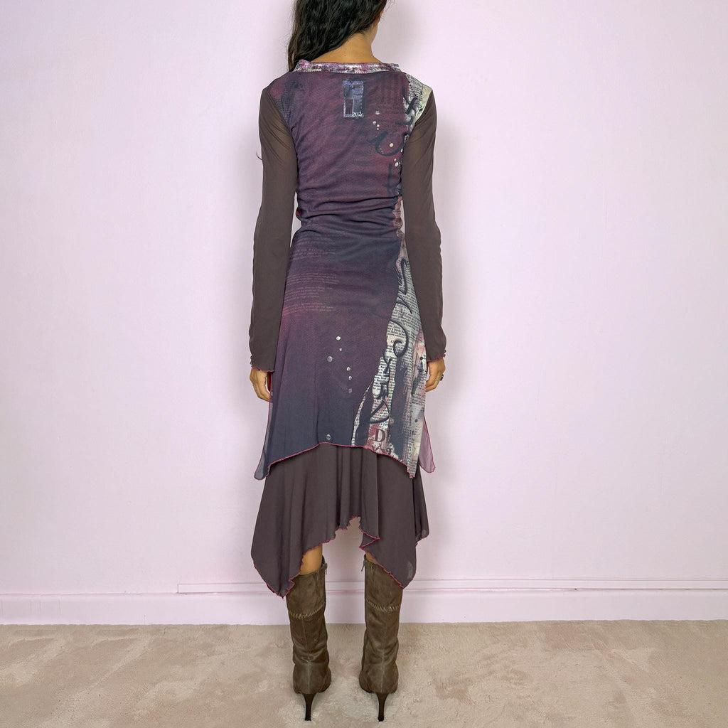 Vintage Mesh Midi Dress Graphic Print Asymmetric Avant Garde Y2K 2000s Size M