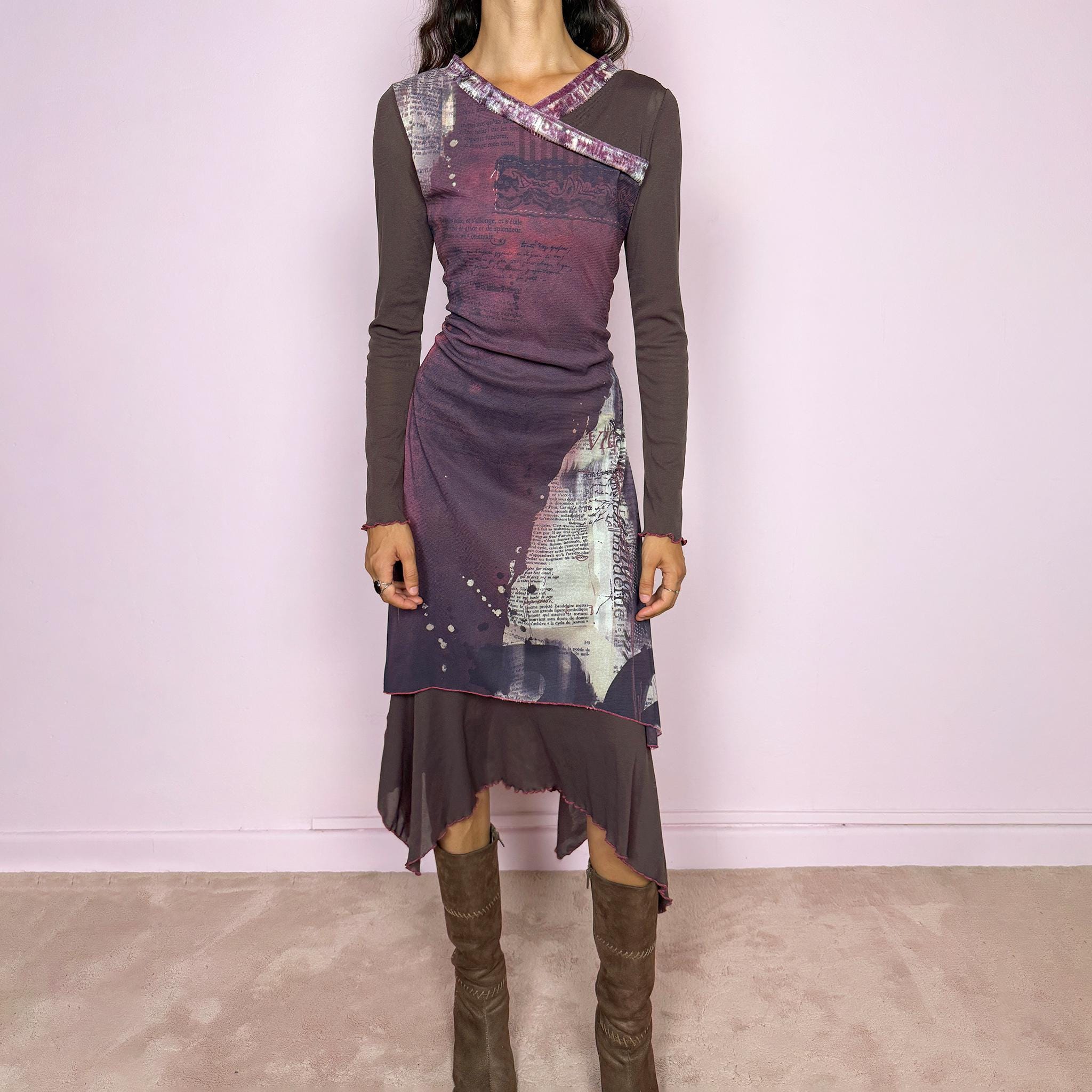 Vintage 2000s avant-garde stretchy mesh dress featuring an abstract layered graphic print in purple and cream tones, with contrasting brown semi-sheer long sleeves, asymmetric neckline detailing, and a dramatic irregular layered hem. The deconstructed style has a distinctly Y2K art-to-wear feel. Made in France by a French brand from polyamide and polyester. Excellent vintage condition.
